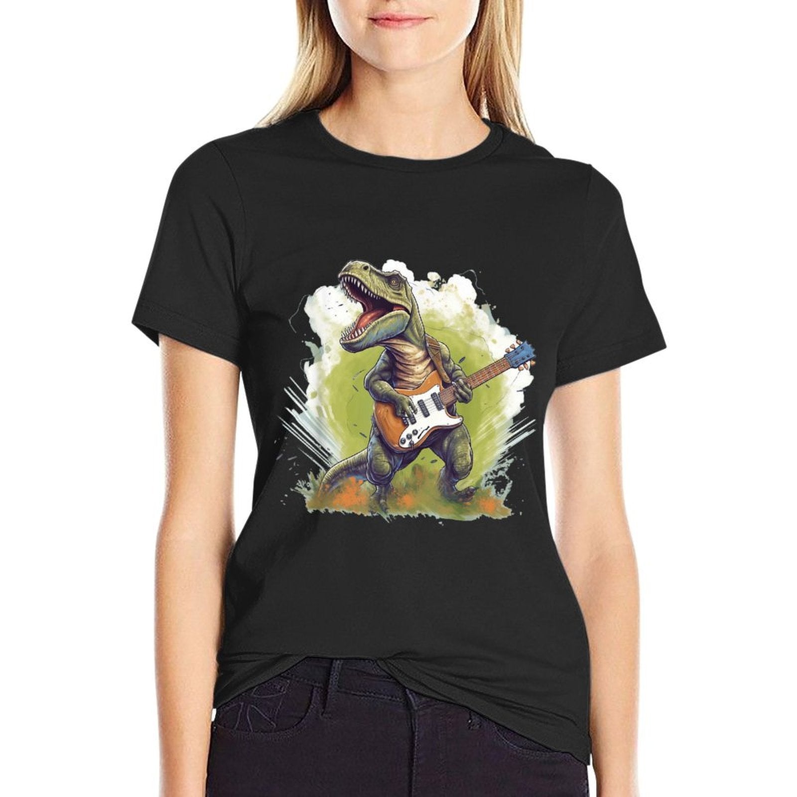 Funny T Rex Dinosaurs with Cool Electric Guitar  Moisture-wicking T-Shirt