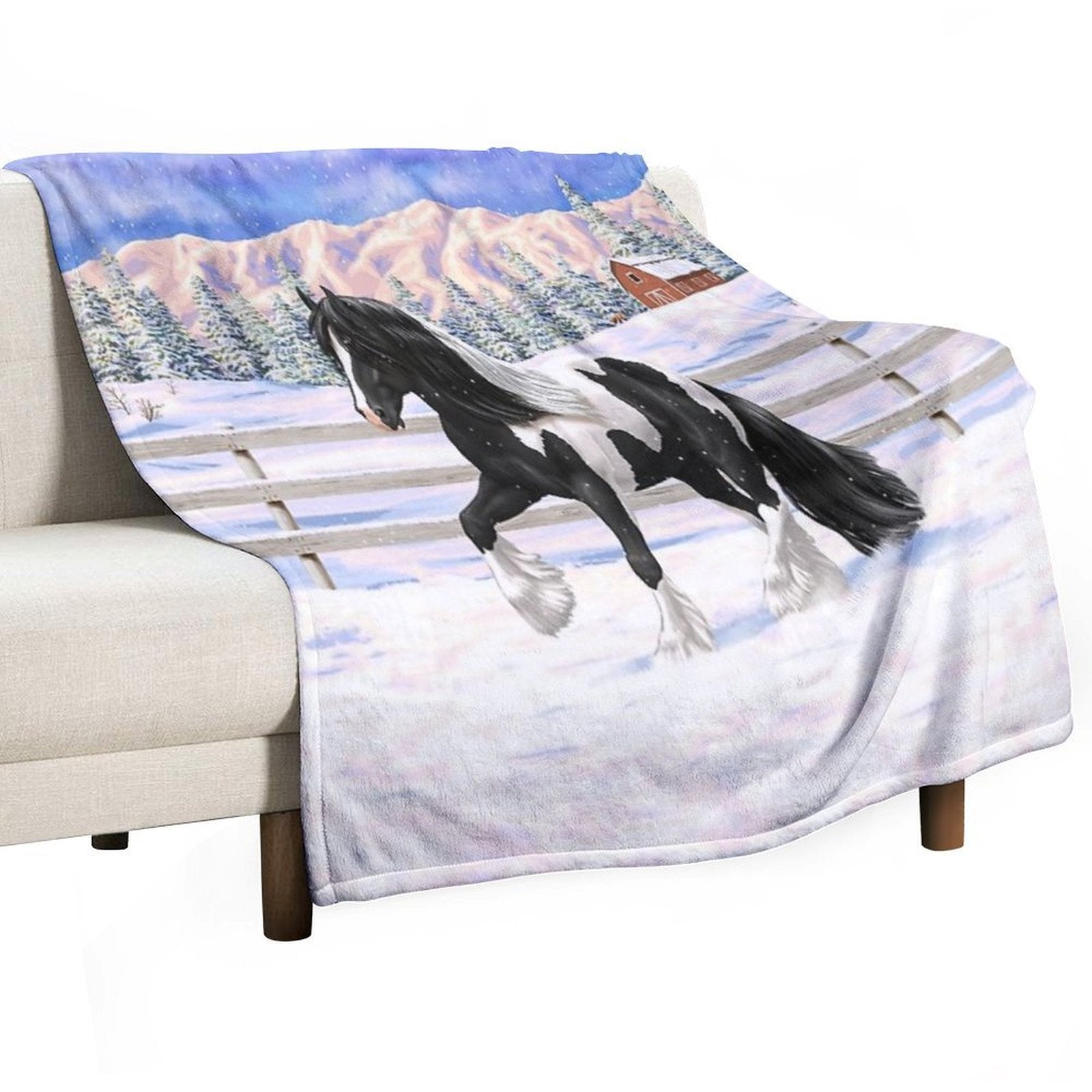 Black Pinto Piebald Gypsy Vanner Draft Horse In Snow Easy Care Throw Blanket
