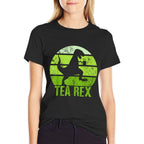 Tea Rex Retro Vintage T-rex Funny Dinosaurs Tea Party  Ribbed Collar T-Shirt