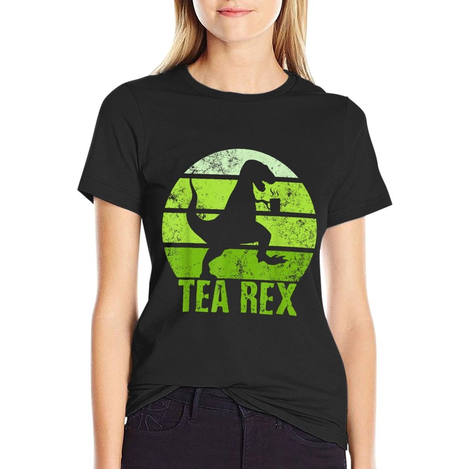 Tea Rex Retro Vintage T-rex Funny Dinosaurs Tea Party  Ribbed Collar T-Shirt