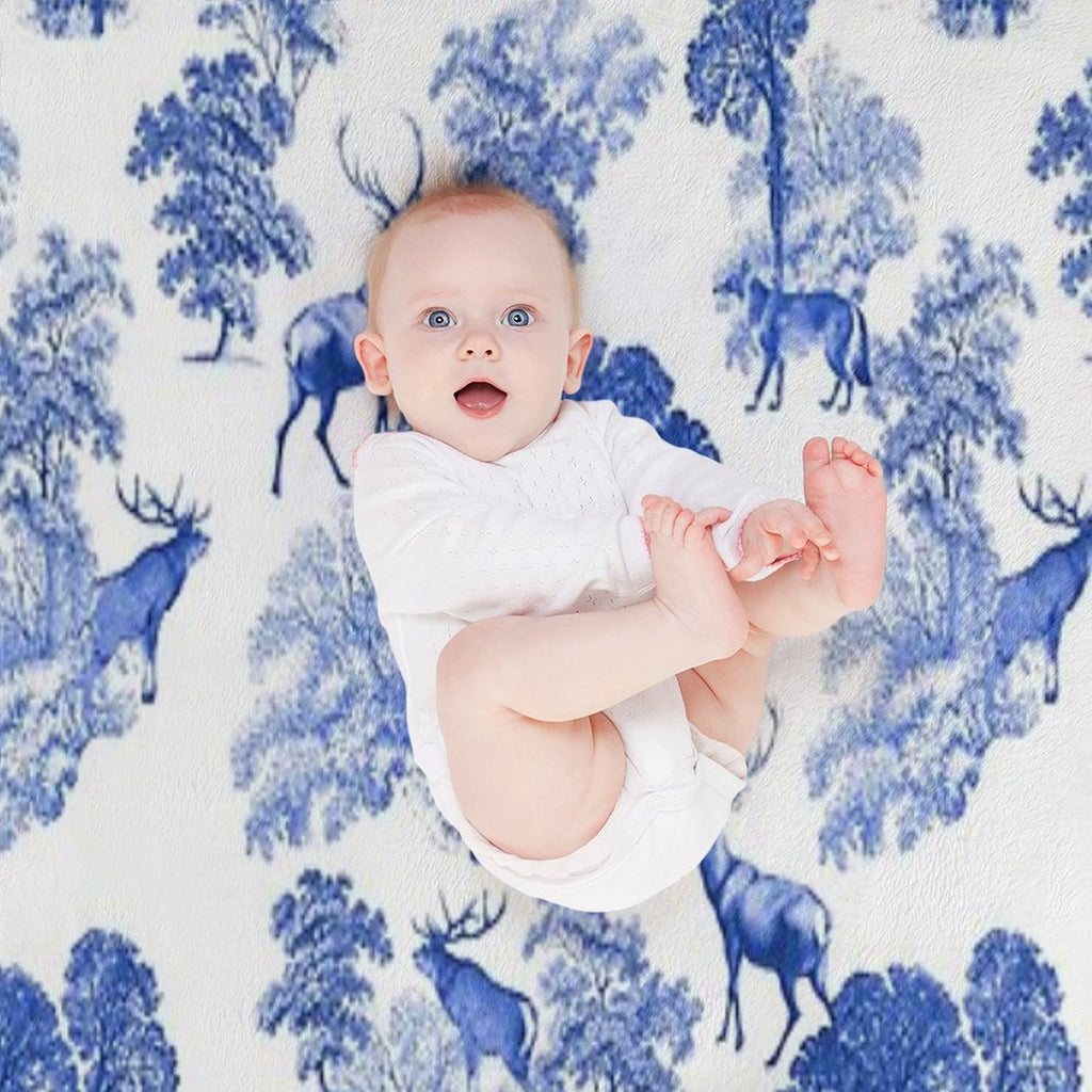 Elegant Vintage Blue Toile Deer in Woodland All-season Throw Blanket