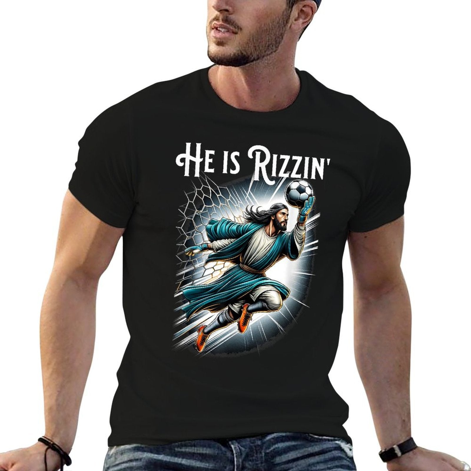 Rizzen Funny Sports Rizz He Is Rizzin Jesus Playing Soccer  Vintage-inspired T-Shirt