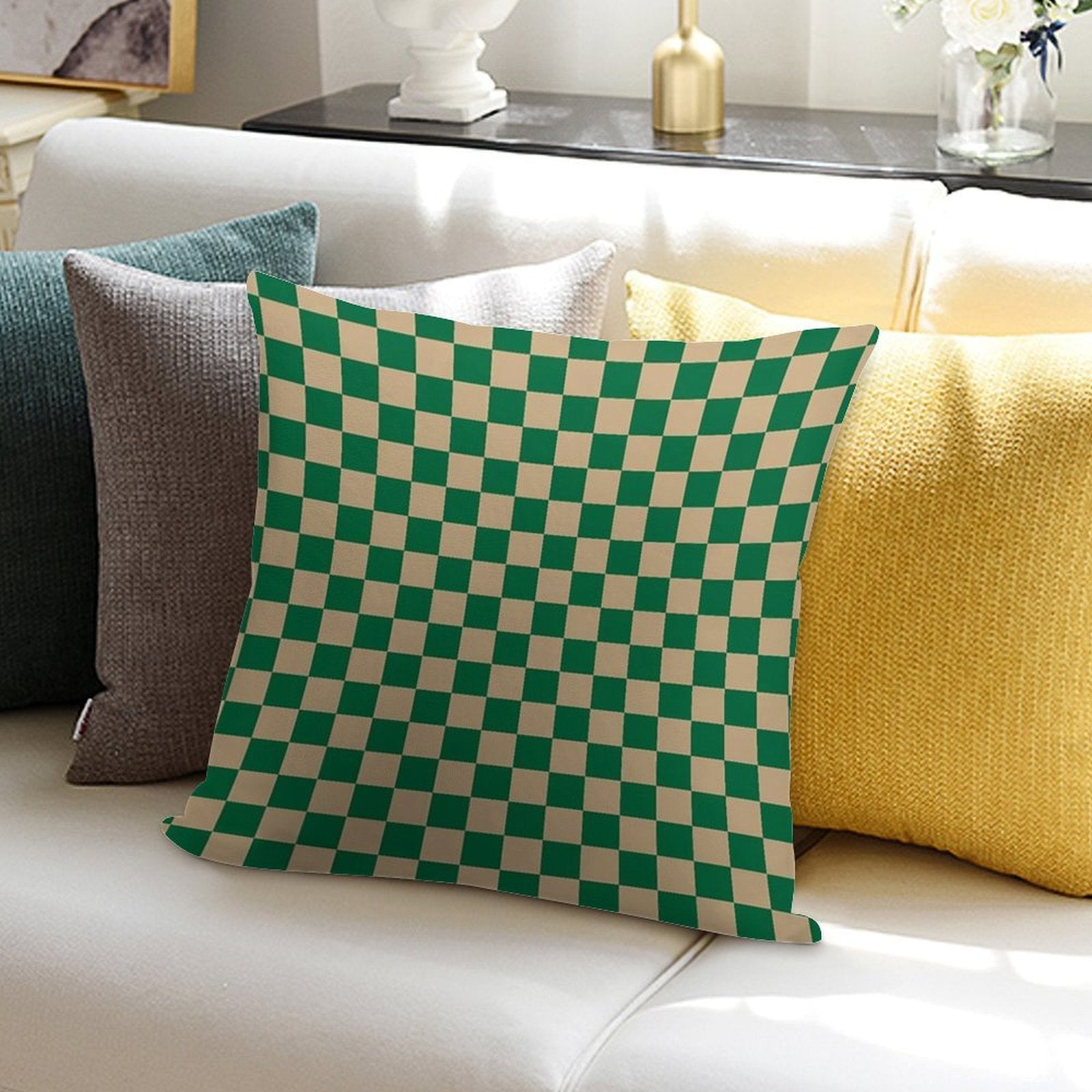 Tan Brown And Cadmium Green Checkerboard Soft Skin-Friendly Throw Pillow