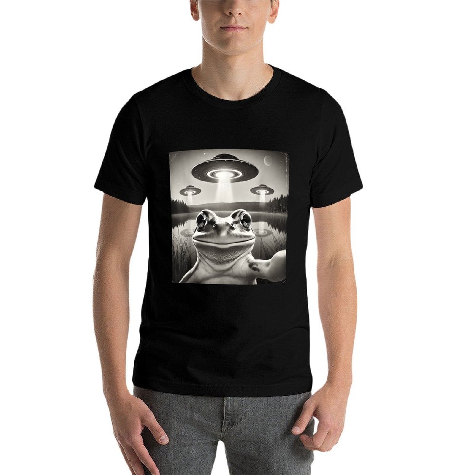 FrgloverCo. Funny Frog Selfie UFOs Unisex - Black, Small,, Cotton 100  Easy-care T-Shirt