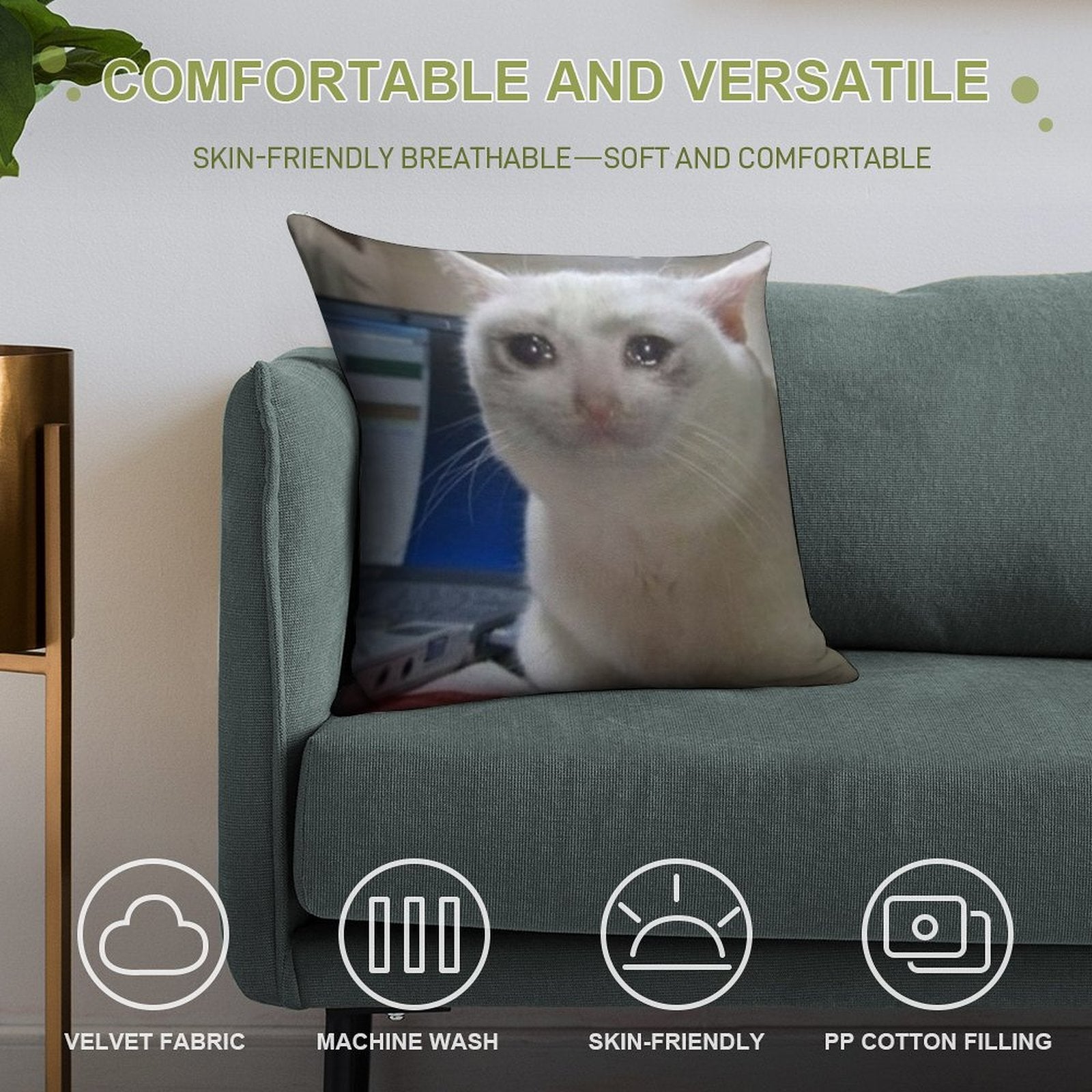 Crying Cat Meme Soft Short Plush Fabric Throw Pillow