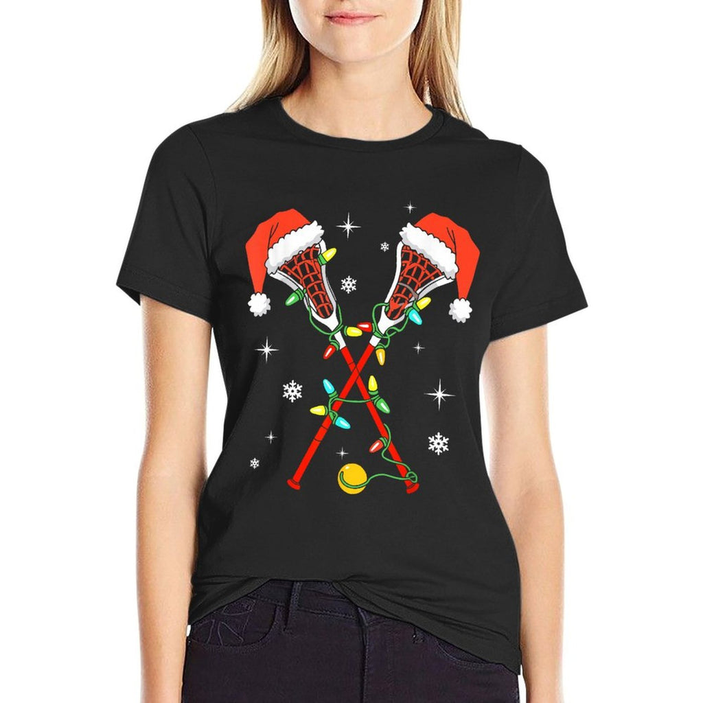 Lacrosse Player Xmas Lights Santa Hat Lacrosse Christmas  Polyester Blend T-Shirt