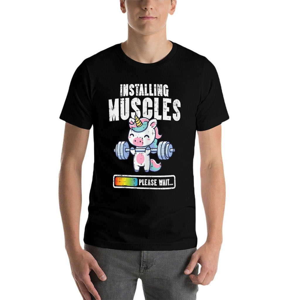 Gym Unicorn Installing Muscles Funny Workout Women Girls Kid  Ribbed Collar T-Shirt