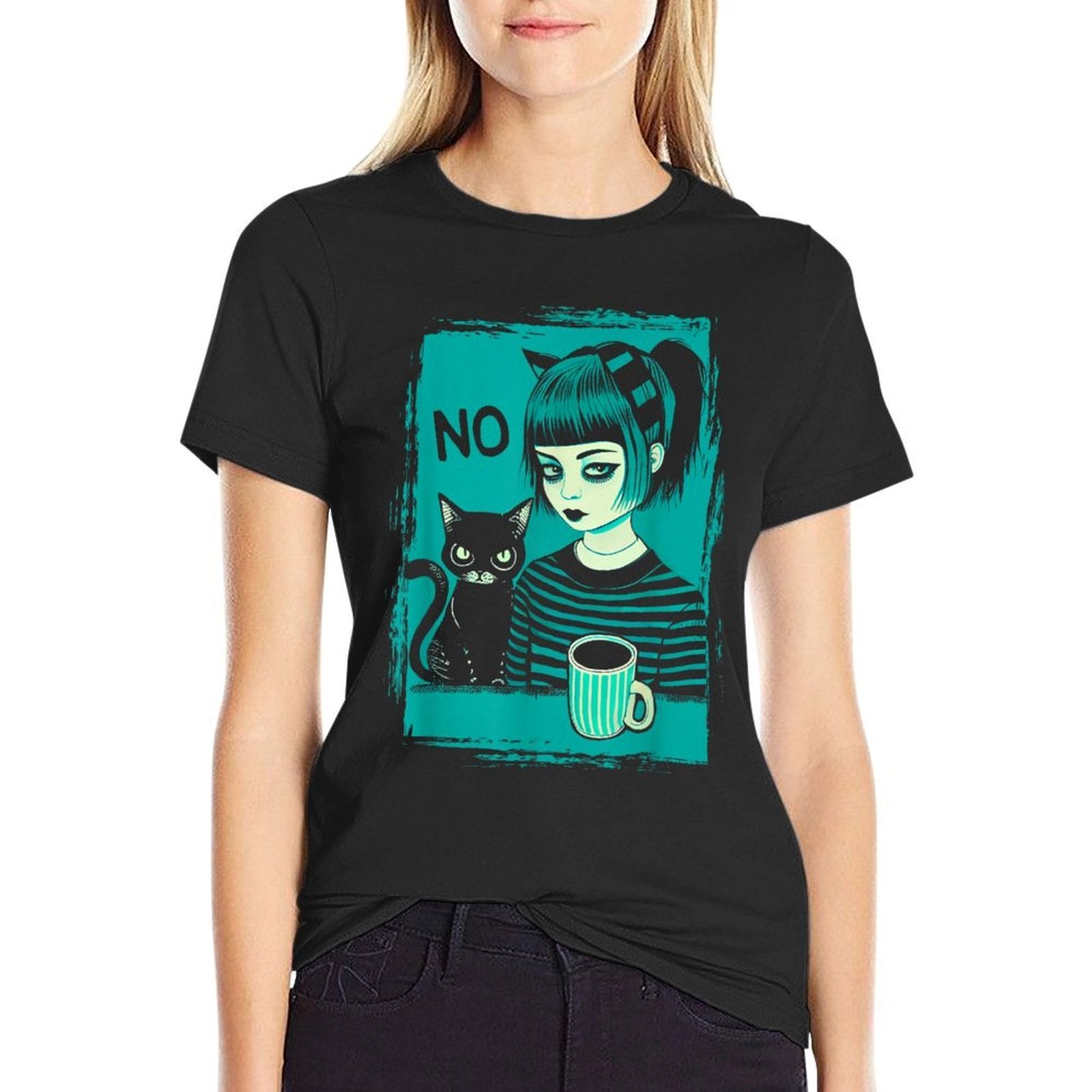 Dark At Heart Punk Goth Girl Says No With Cat And Coffee  Vintage-inspired T-Shirt