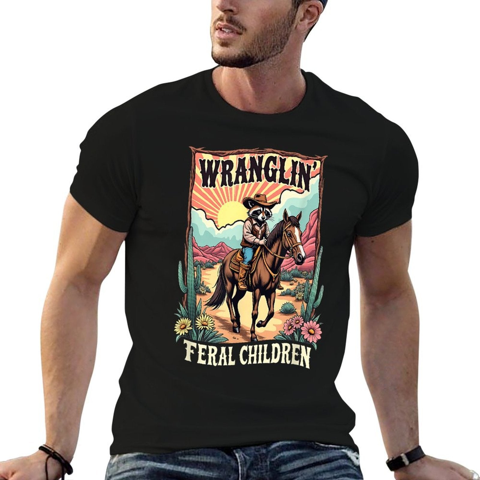 Vintage Wranglin Feral Children Raccoon Meme 90s Western  Wrinkle-resistant T-Shirt