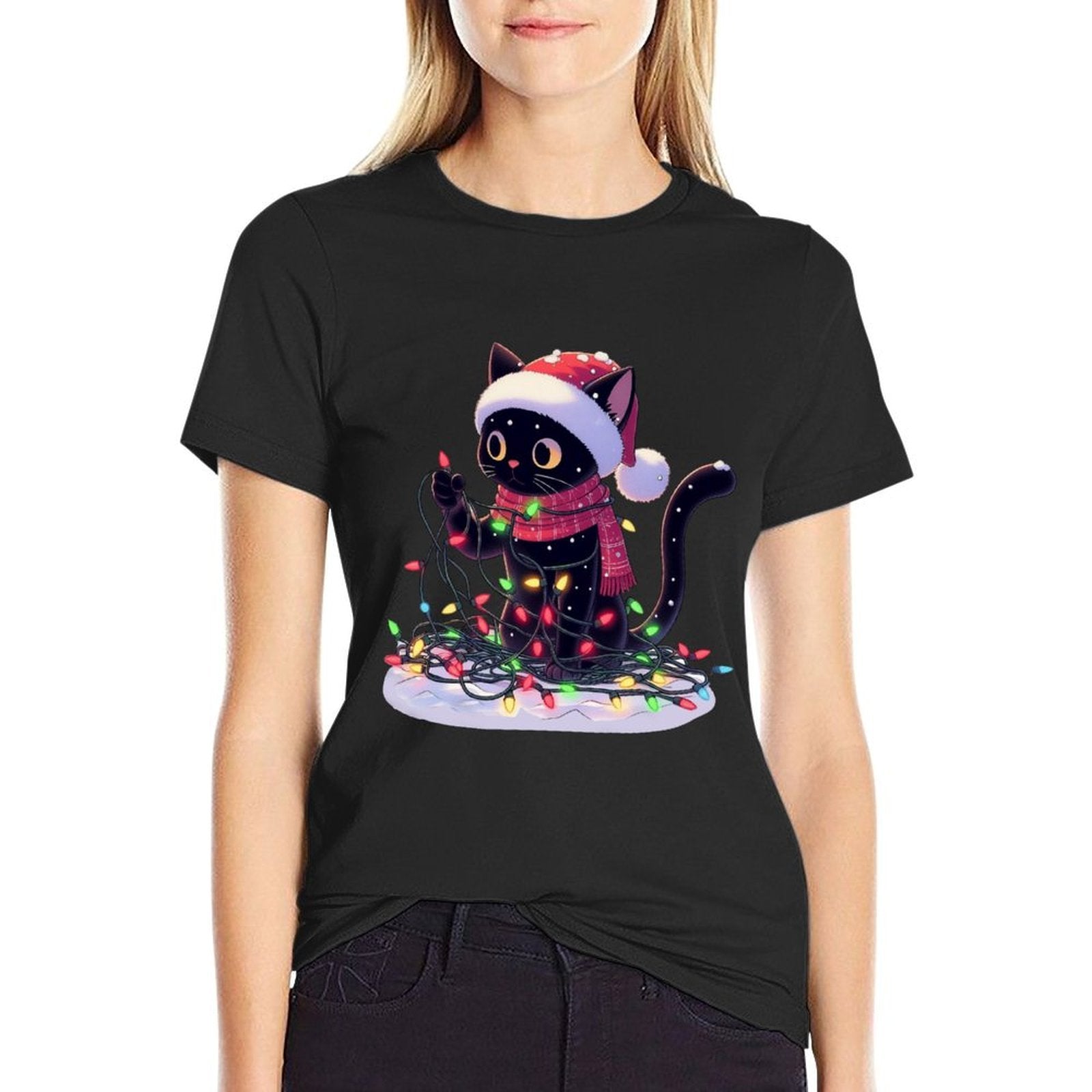 Black Cat Santa Tangled Up In Christmas Tree Lights Holiday  Affordable Price T-Shirt