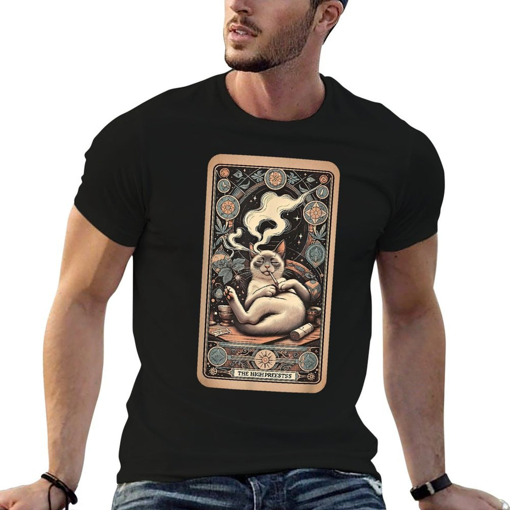 High Priestess Tarot Card Siamese Cat Smoking Weed Cannabis Men Women  Summer-ready Fabric T-Shirt