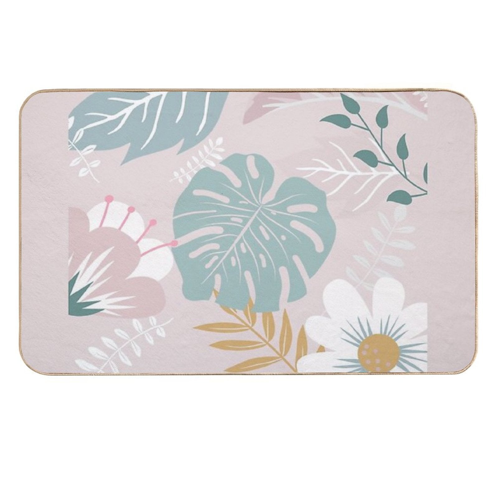 Green And Beige Monstera And Flowers Art  Odorless Bath Mat