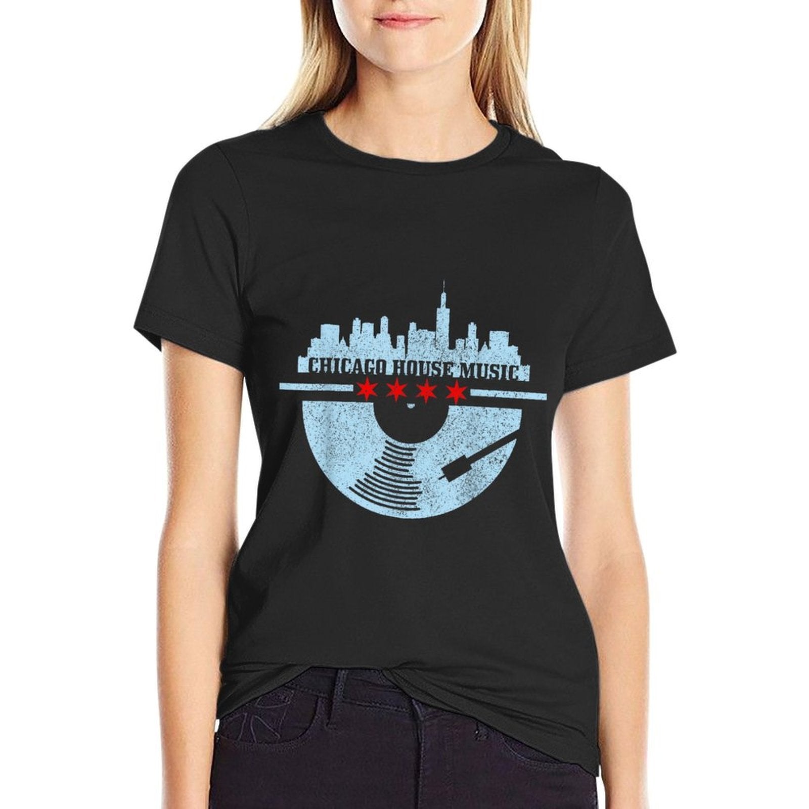 Chicago House Music DJ Raver Vinyl Skyline Retro Vintage  Cotton T-Shirt