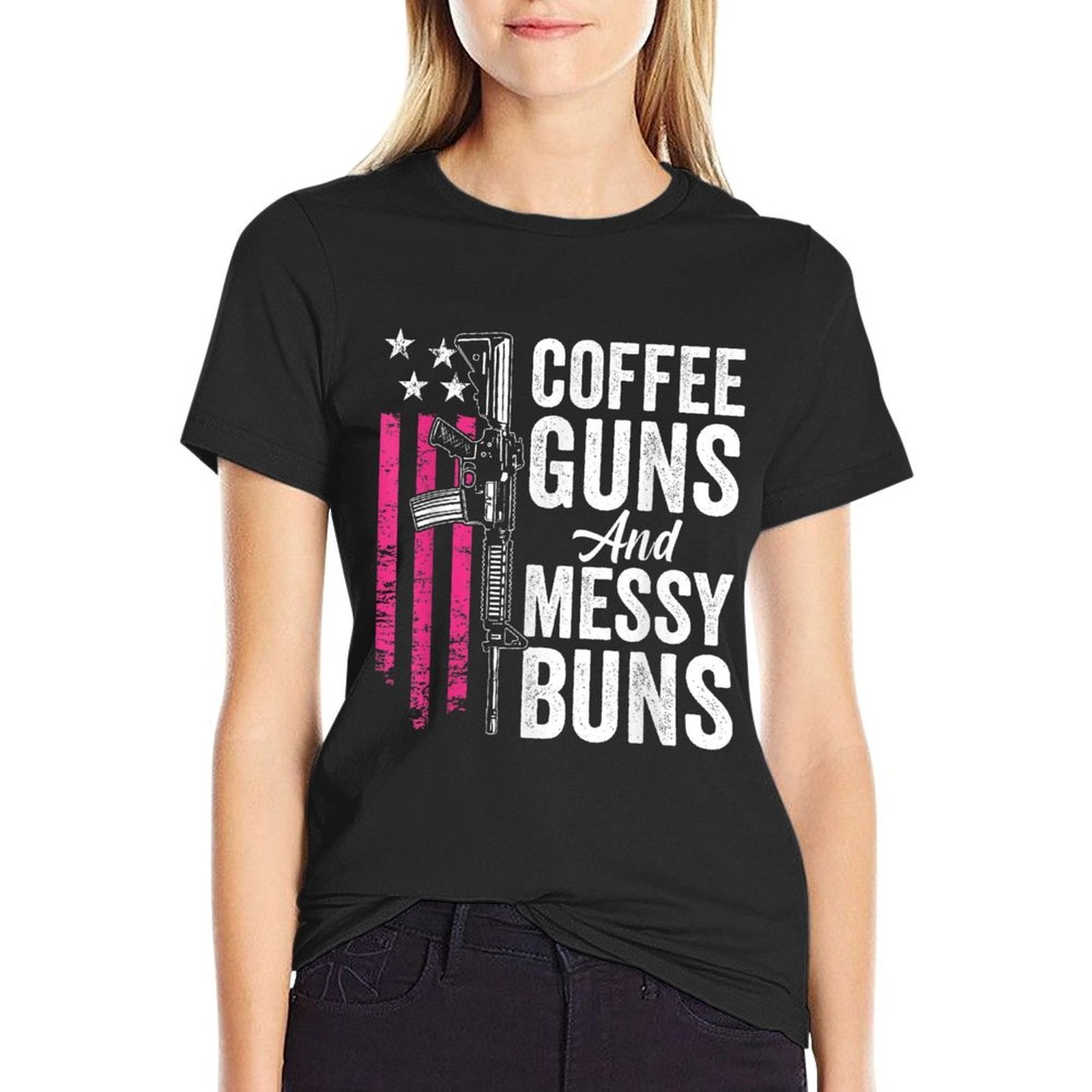 Coffee Guns And Messy Buns - Pink AR15 USA Funny Womens Gun  Ribbed Collar T-Shirt