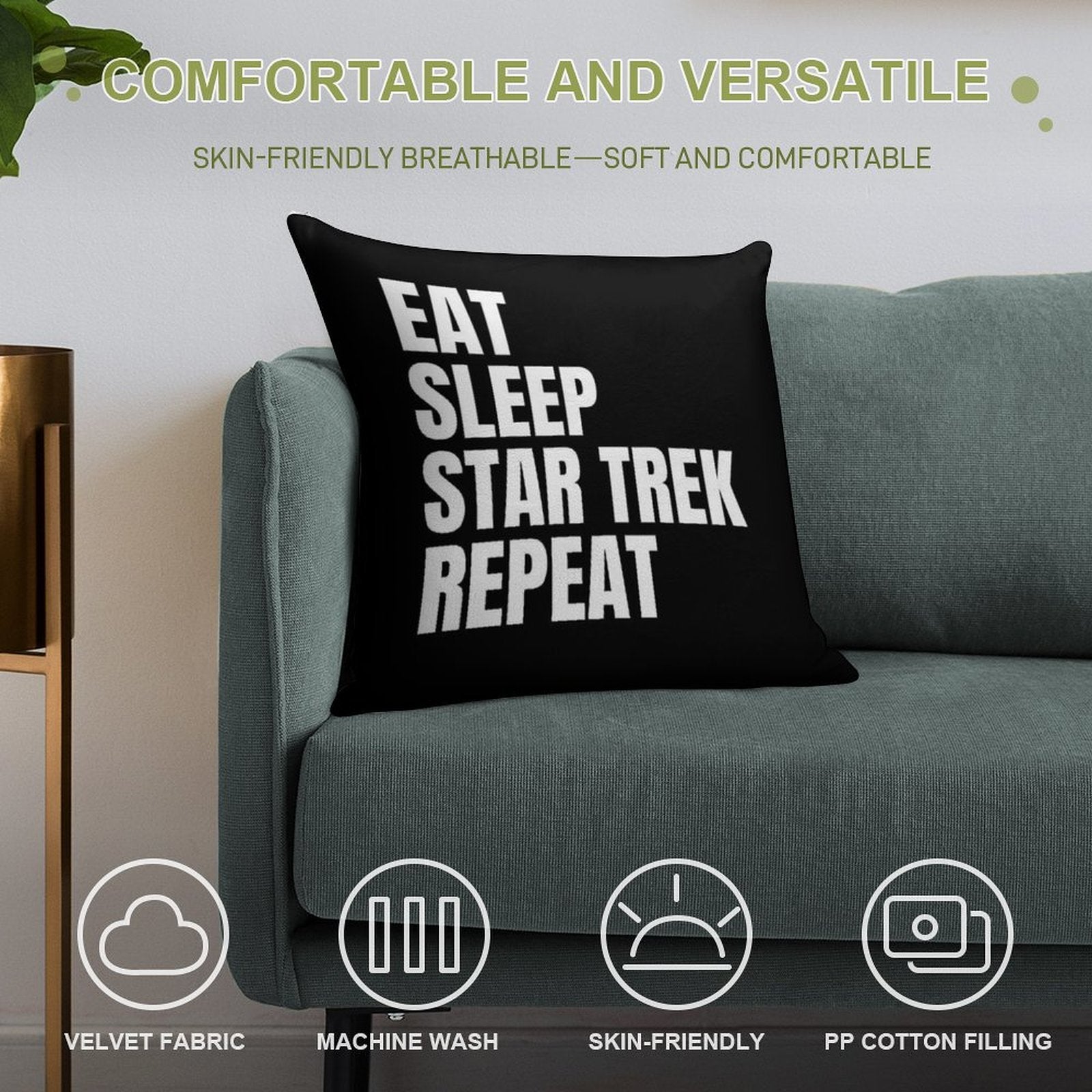 Eat Sleep Star Trek Repeat Soft High-Density Material Throw Pillow