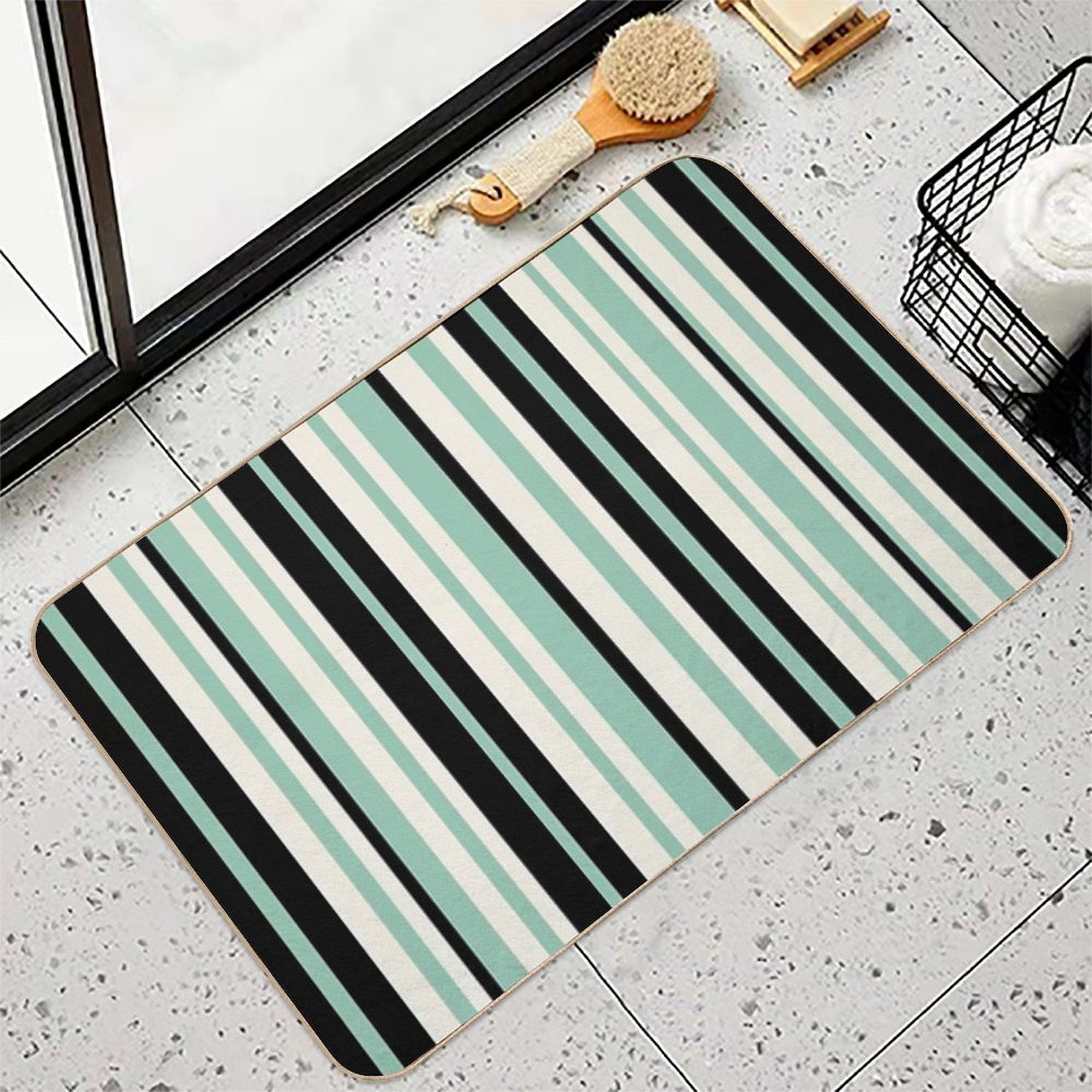 Vertical Retro Stripes in Mint Green, Black, And Cream  Easy To Clean Bath Mat