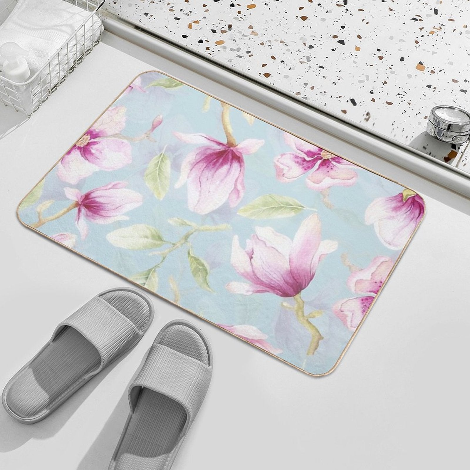 Vintage Magnolias Light Blue Botanical Garden Pattern  Toxin-Free Bath Mat