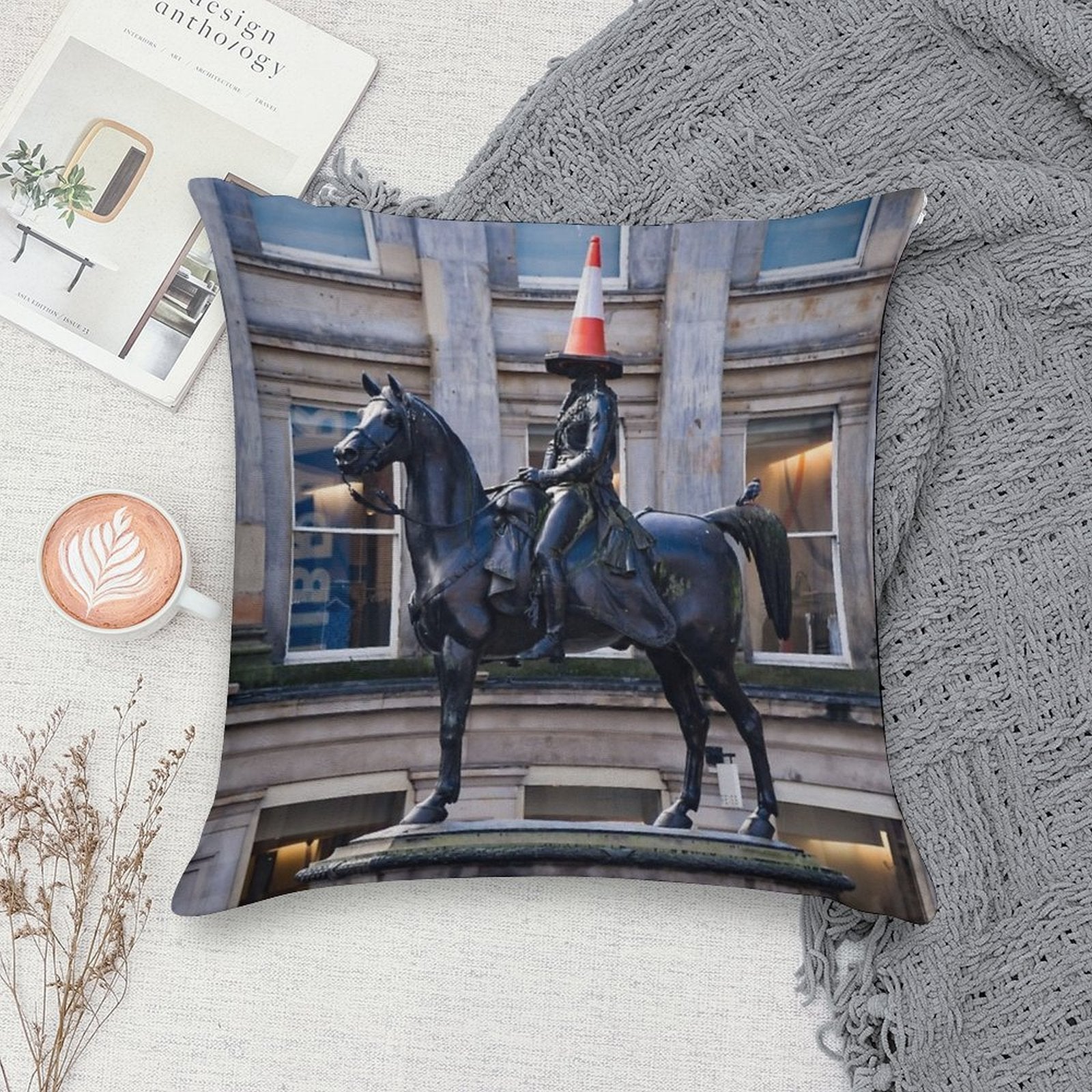 Duke of Wellington And Obligatory Cone in Glasgow Soft Gift Ready Throw Pillow