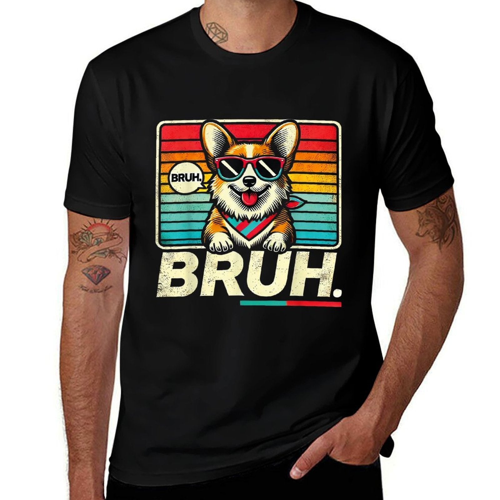 Bruh Retro Vintage 80s Dog Sunglasses BRUH Funny Bruh Corgi  Fade-proof Color T-Shirt