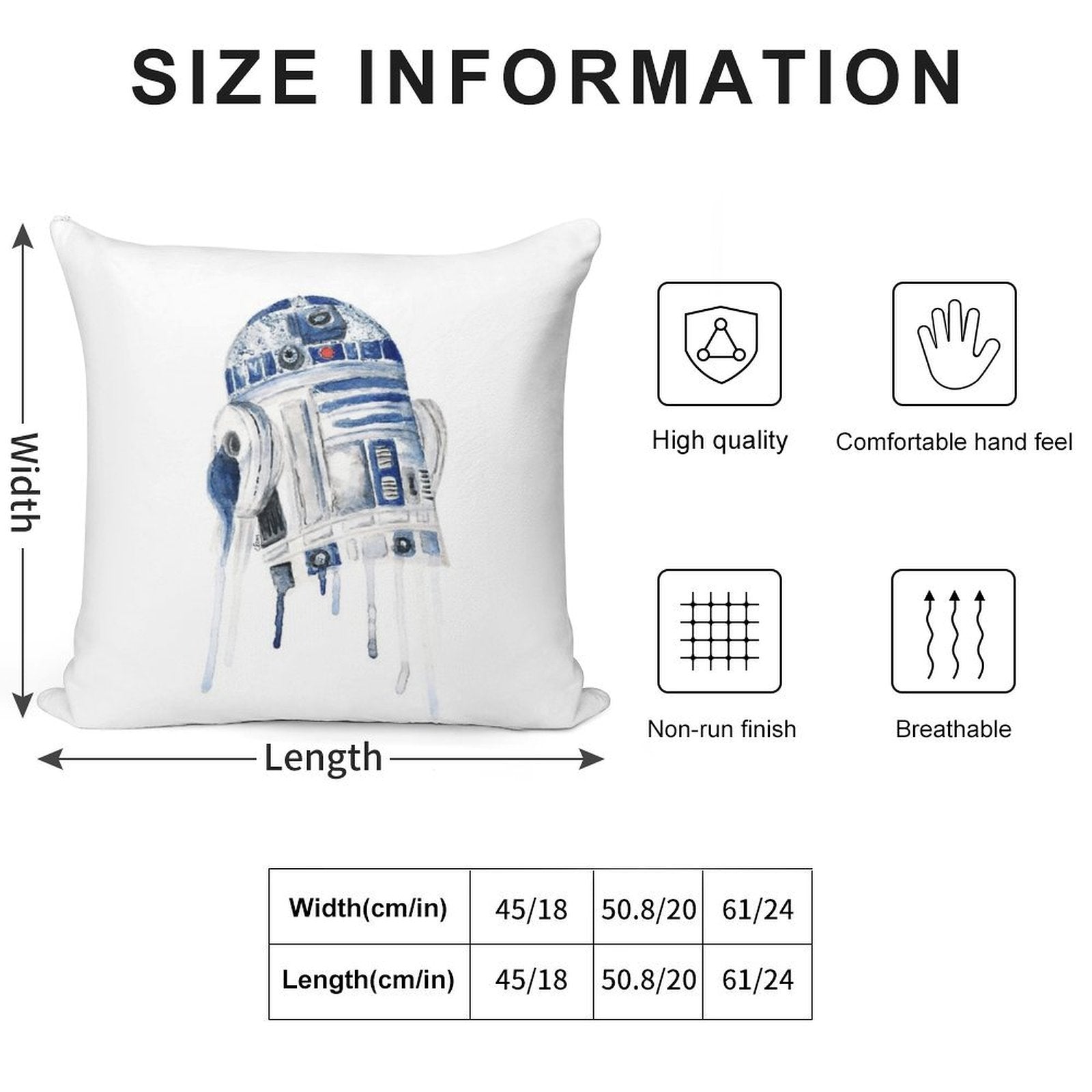 Star Wars Watercolour R2D2, Retro Droid Soft Hidden Zipper Throw Pillow