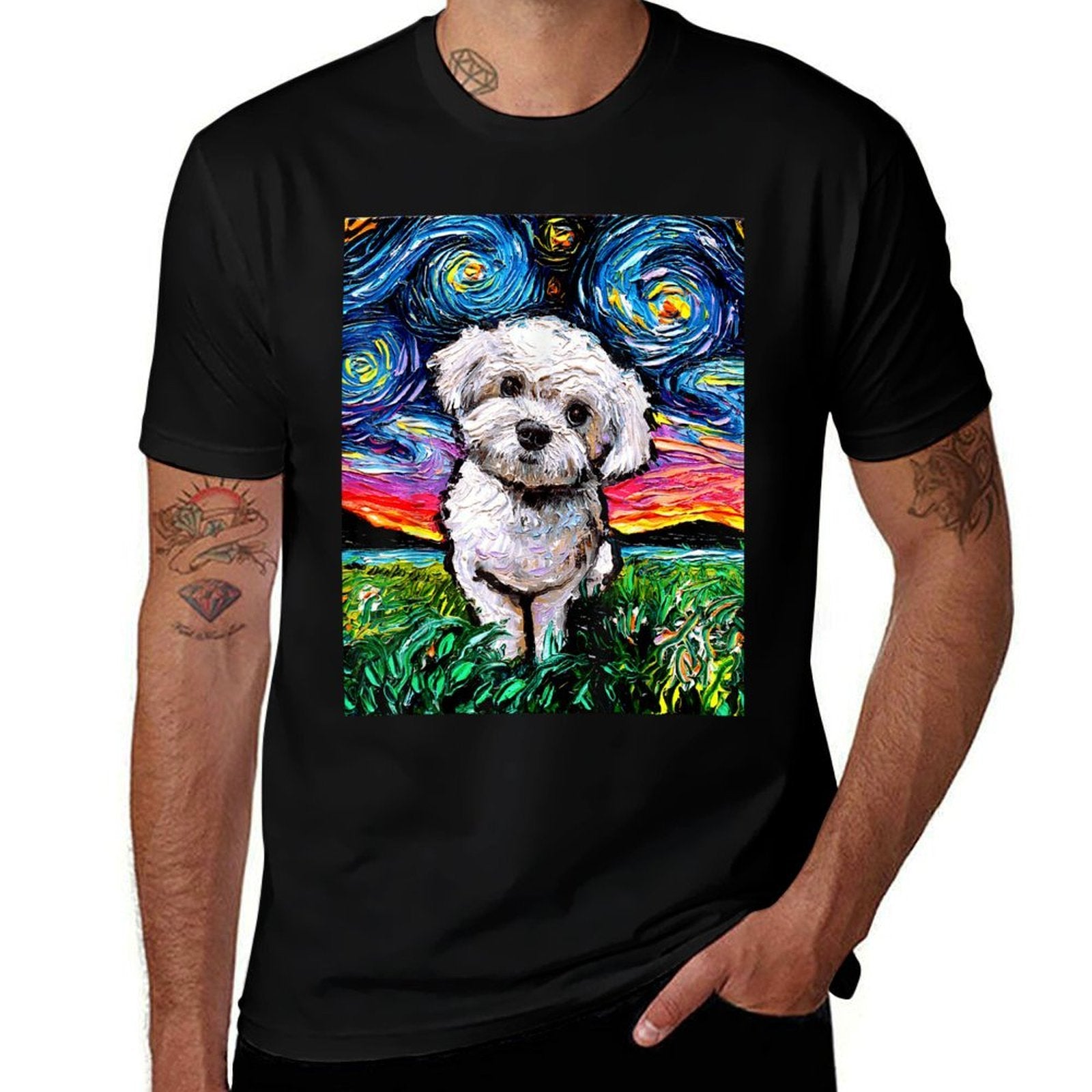 Maltipoo Starry Night White Maltese Poodle Dog Art by Aja for Men Women Girls Kids  Polyester Blend T-Shirt