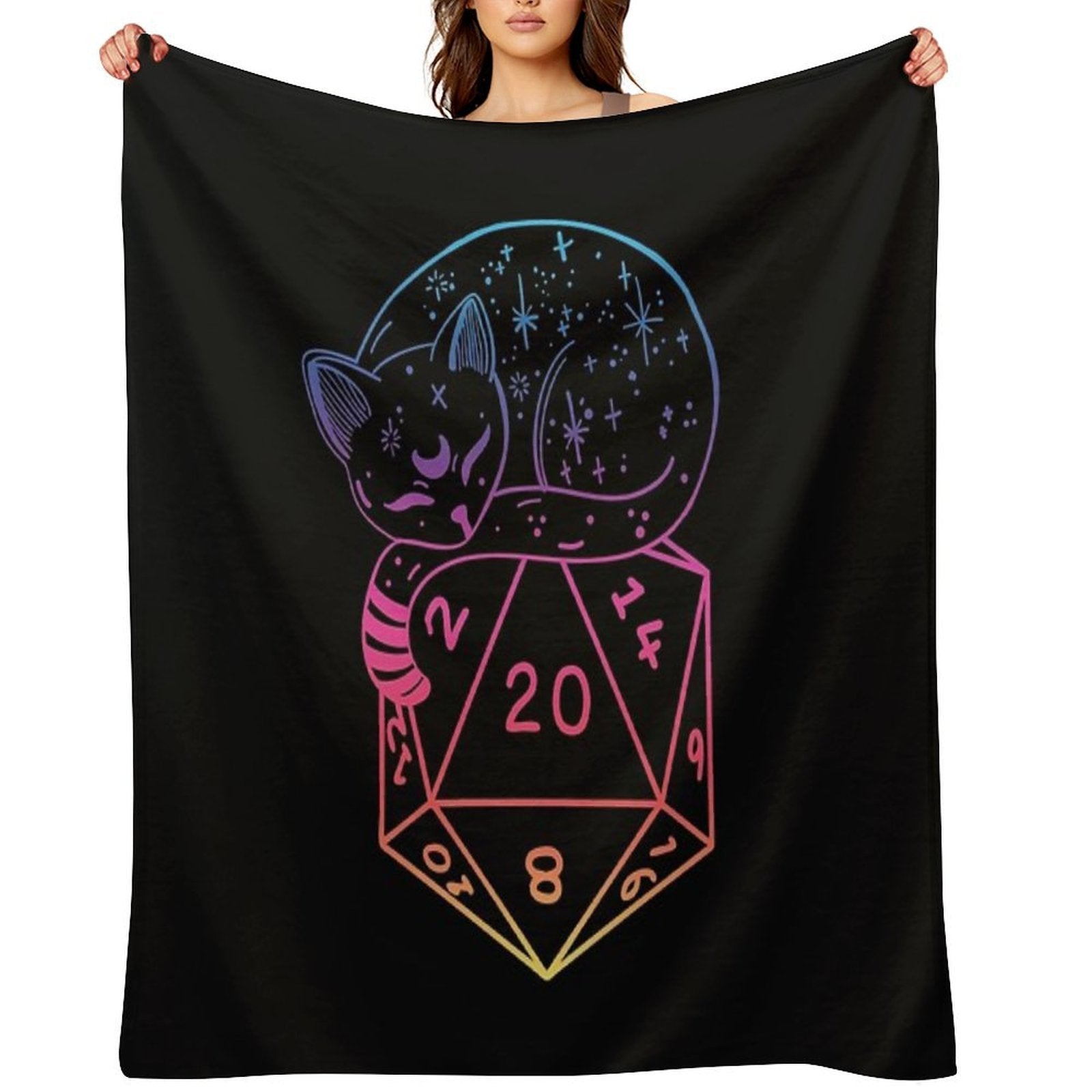 D20 CAT Rainbow Dnd Dice. Velvety-soft Throw Blanket