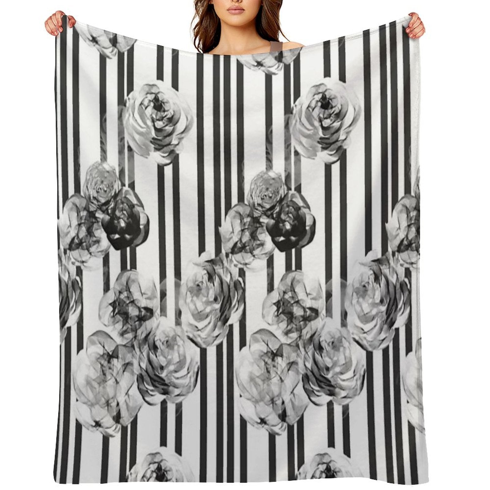 Monochrome Roses & Stripes – Modern Black And White Floral Art Quick-dry Throw Blanket