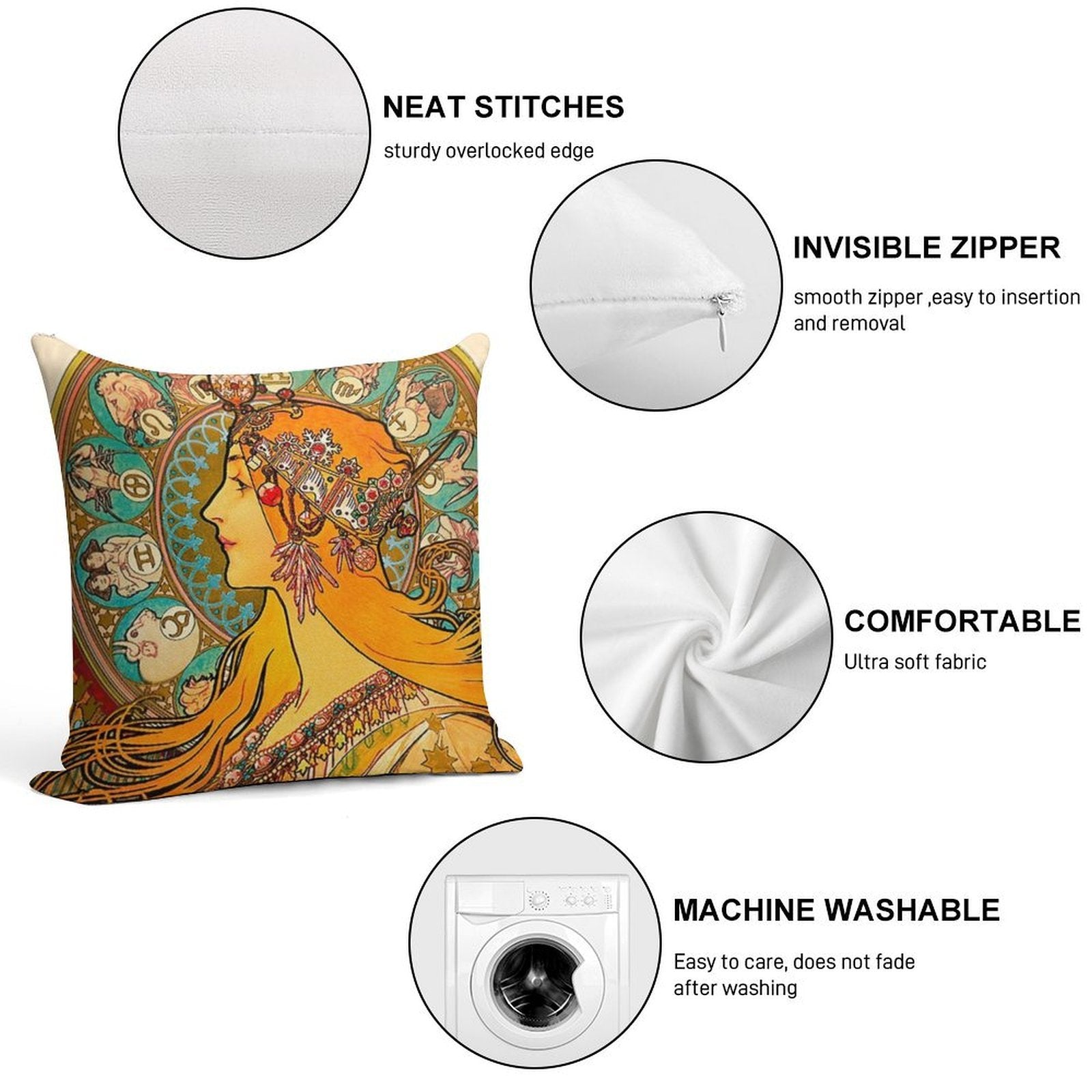Zodiac, (1896) - Alphonse Mucha. HIGH DEFINITION Soft Home Decor Throw Pillow