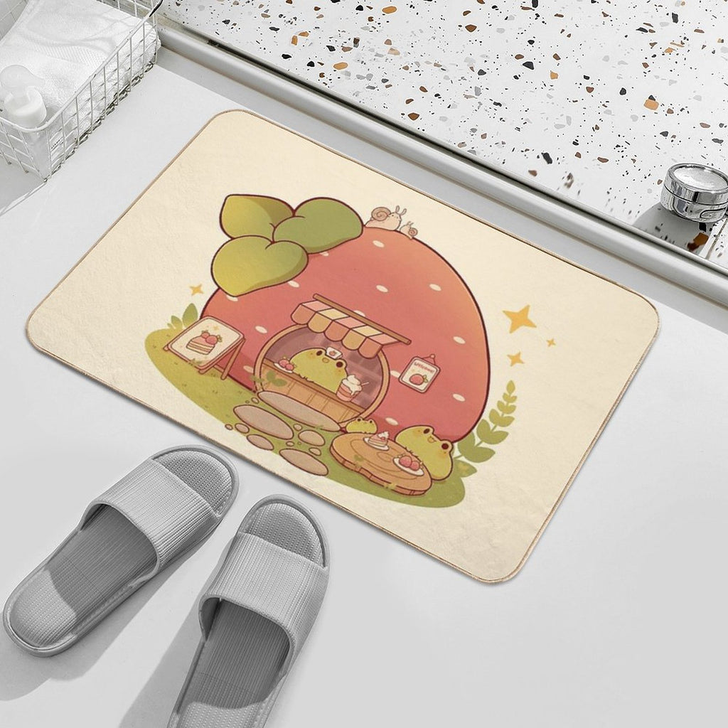 Strawberry Bakery Shop with Frogs  Repositionable Bath Mat
