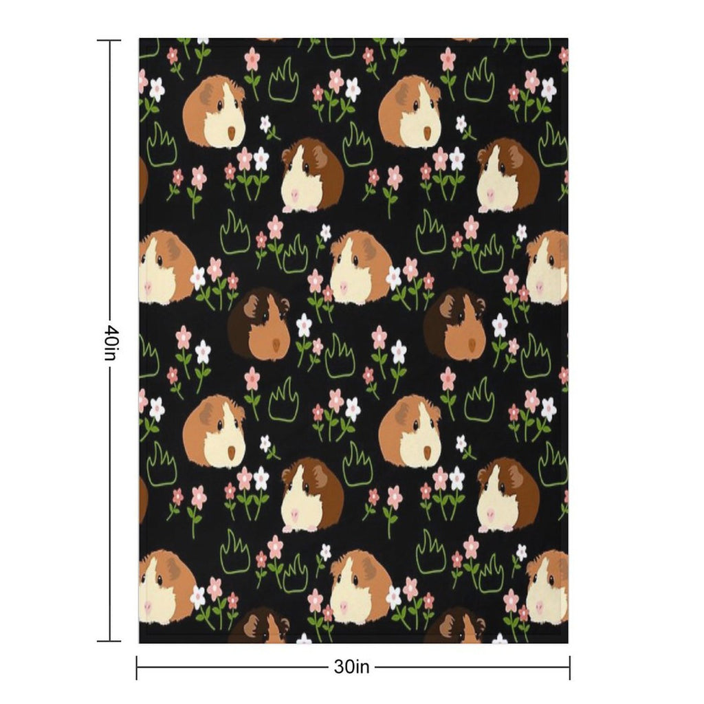 Guinea Pig And Flowers - Black Machine-washable Throw Blanket