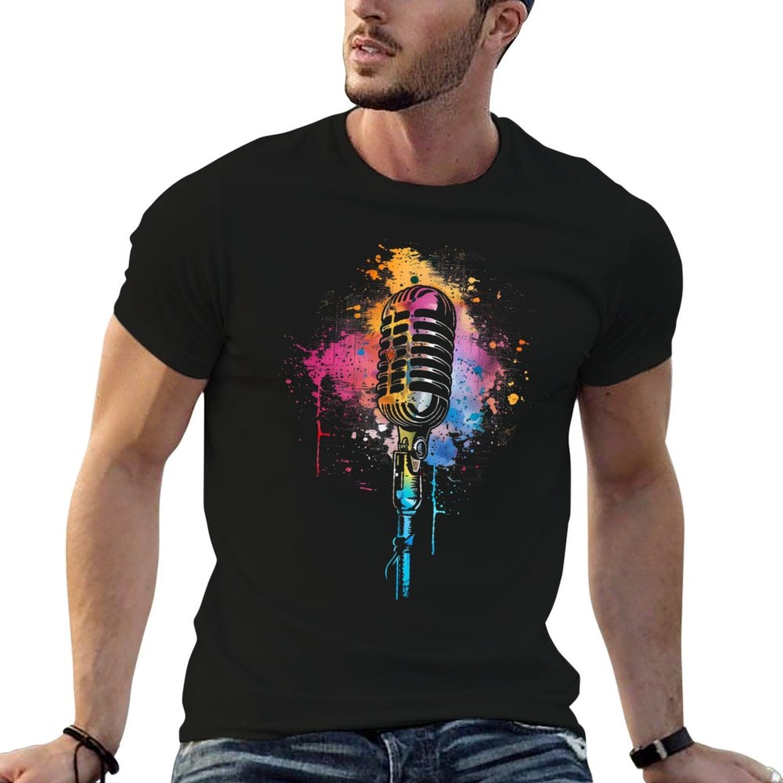 Singer Vintage Microphone Watercolor Karaoke Singing  Summer-ready Fabric T-Shirt