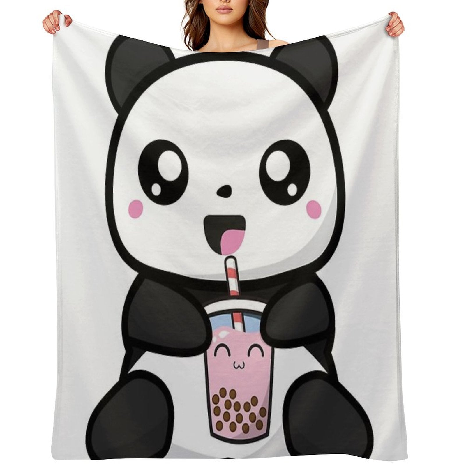 Panda Boba Kawaii Bubble Tea Plush Throw Blanket