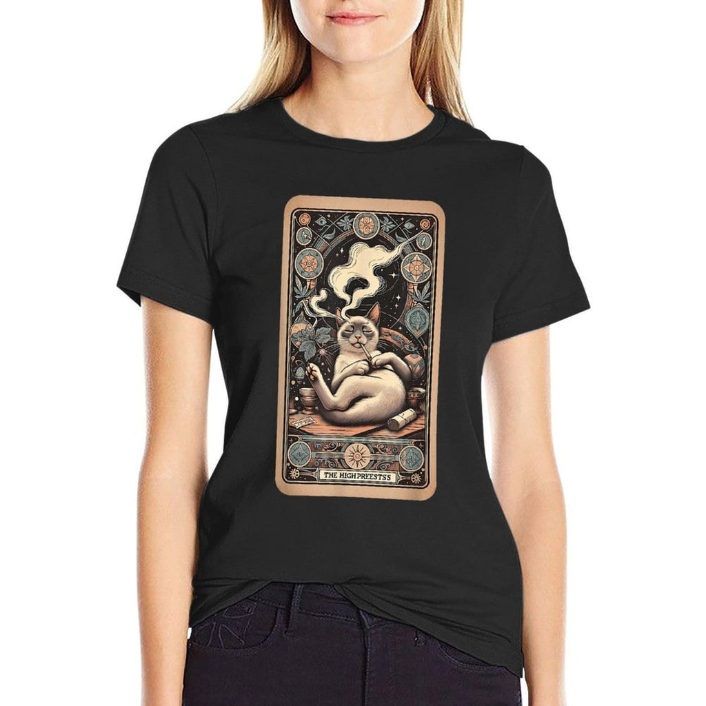 High Priestess Tarot Card Siamese Cat Smoking Weed Cannabis Men Women  Summer-ready Fabric T-Shirt