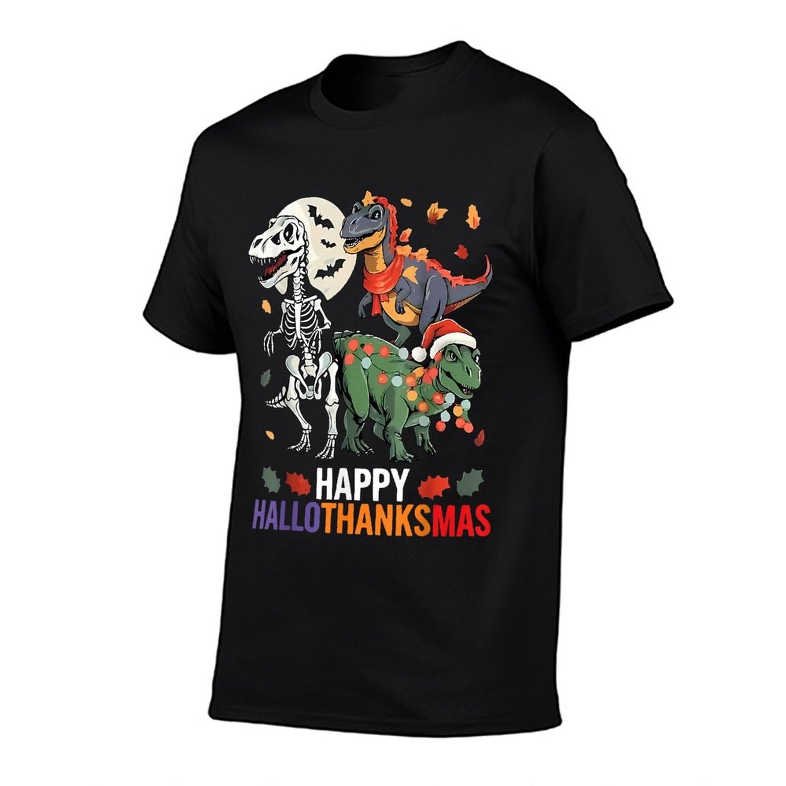 Hallothanksmas Halloween Thanksgiving Christmas Dinosaur  Polyester Blend T-Shirt