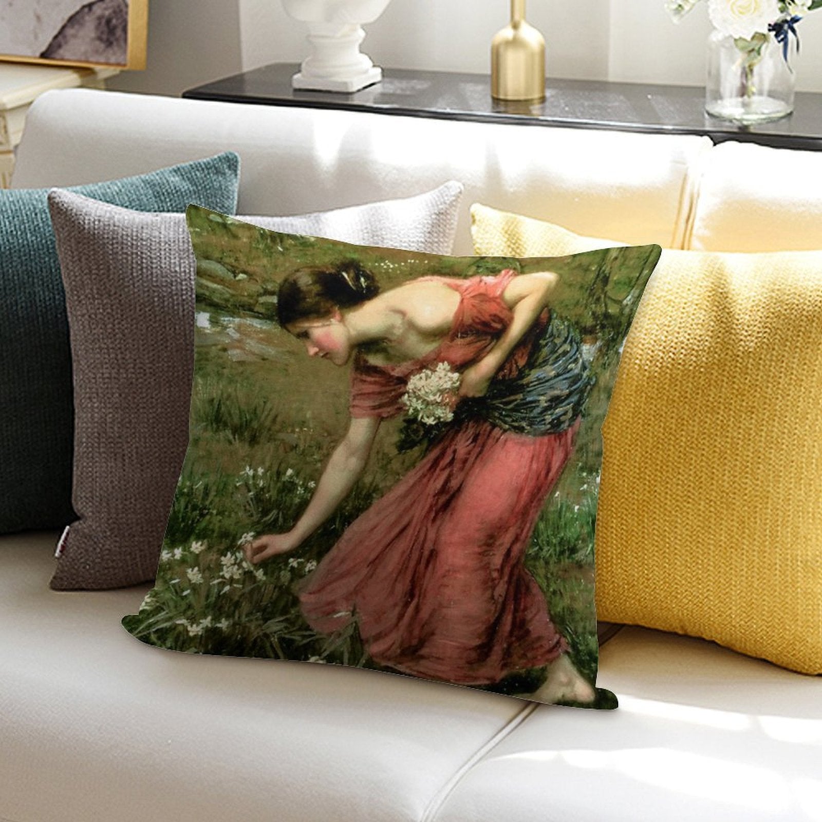 Narcissus - John William Waterhouse Soft Decorative Cover Throw Pillow