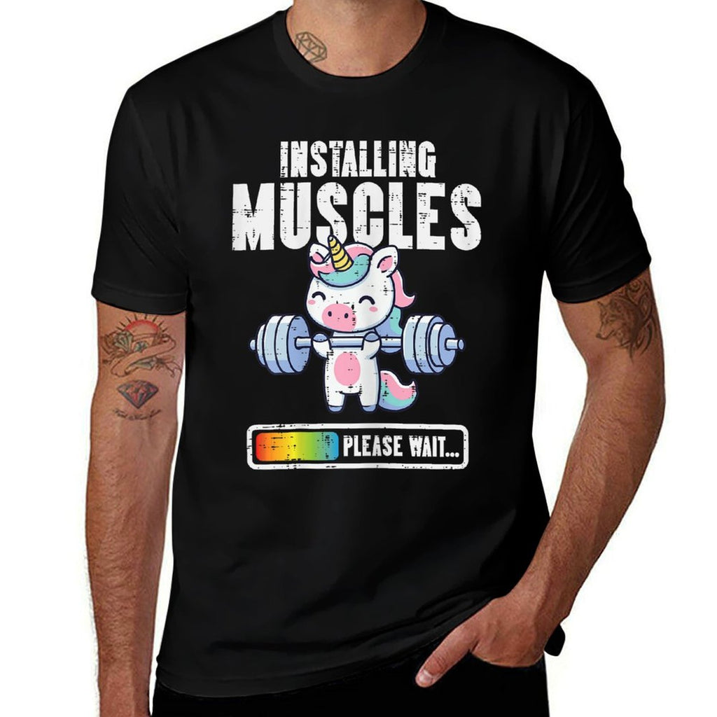 Gym Unicorn Installing Muscles Funny Workout Women Girls Kid  Ribbed Collar T-Shirt