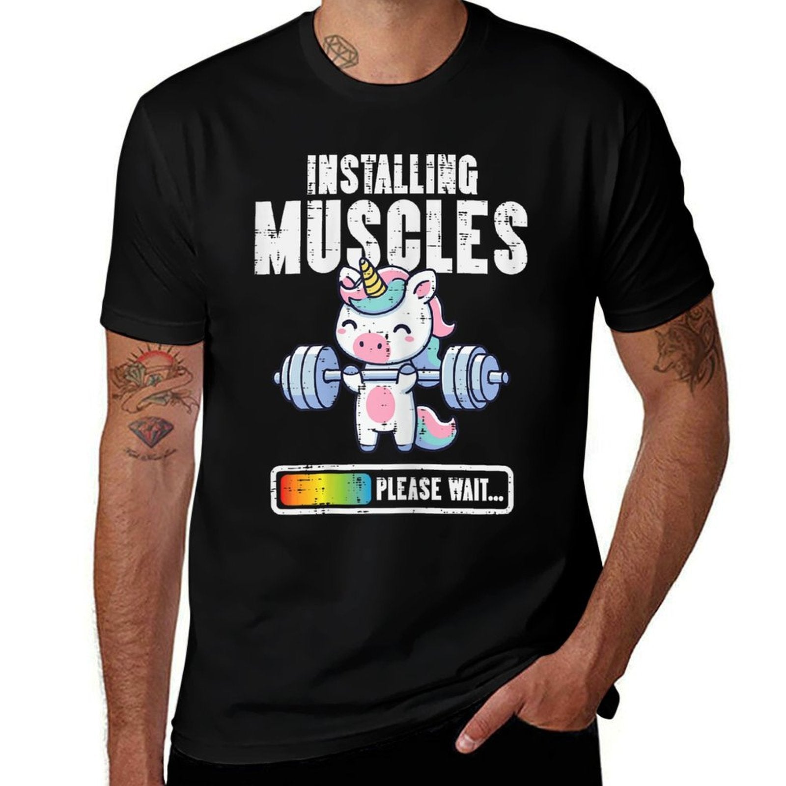 Gym Unicorn Installing Muscles Funny Workout Women Girls Kid  Ribbed Collar T-Shirt