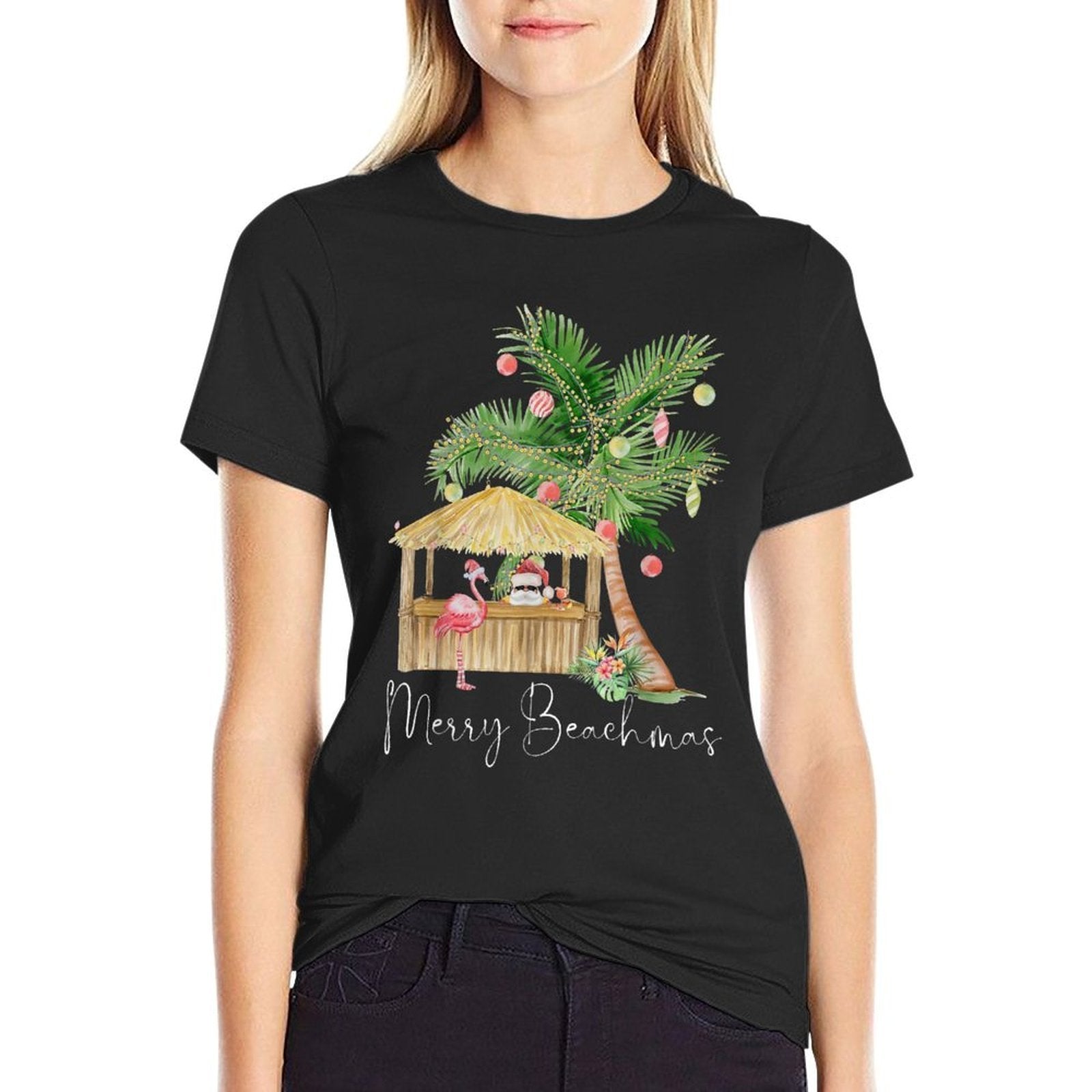 Merry Beachmas Hawaiian Pink Flamingo Palm Tree Christmas Men Women Kids  Summer-ready Fabric T-Shirt