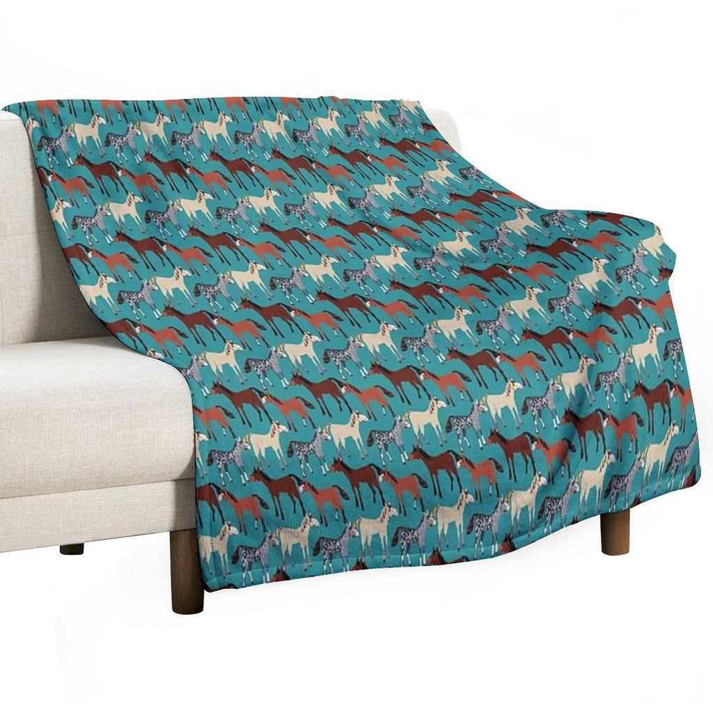 Horse Pattern in Aquamarine Blue Multi-functional Throw Blanket