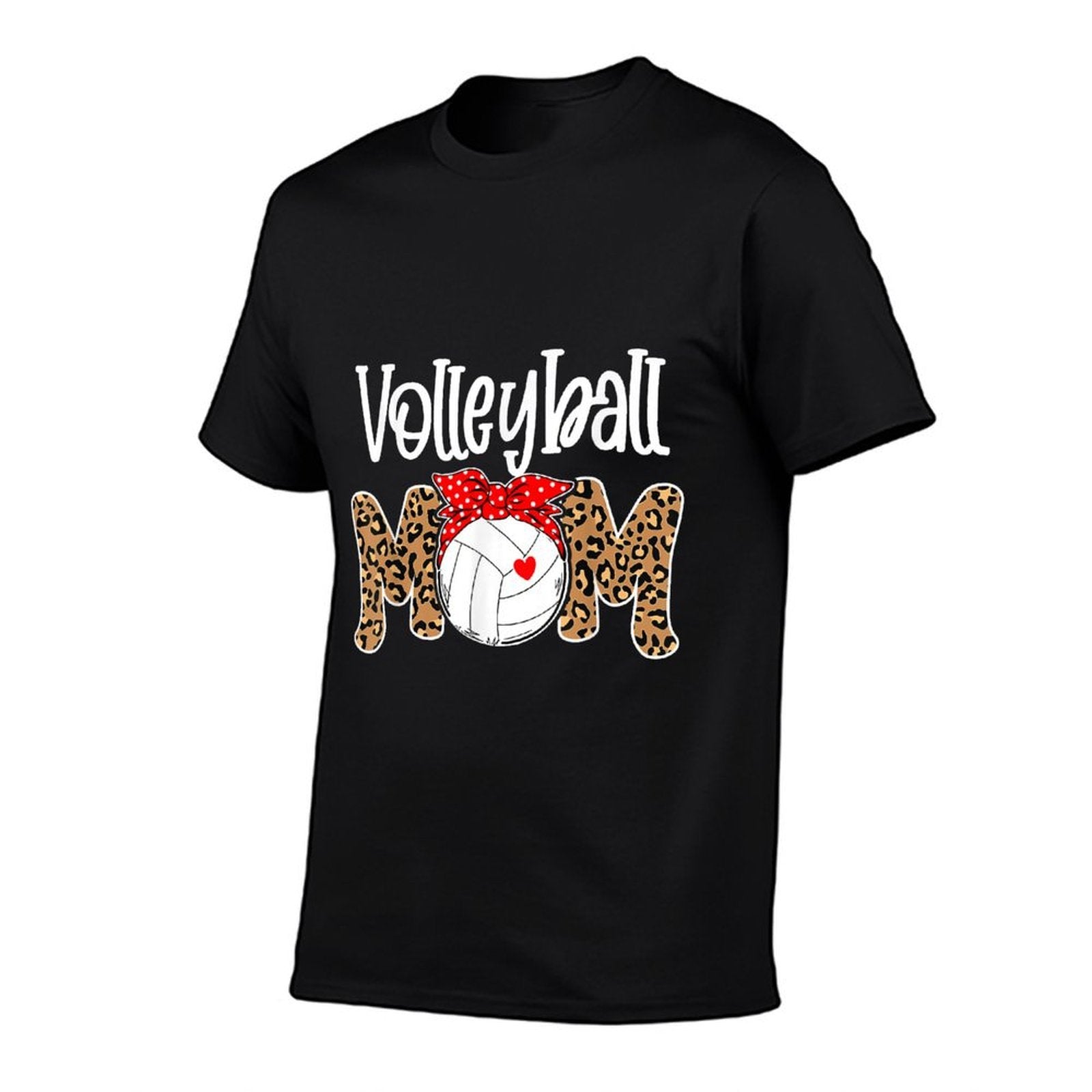 Volleyball Mom Leopard Messy Bun Game Day Funny Mothers Day  Ribbed Collar T-Shirt