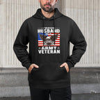 Mens Proud Husband Of A US Army Veteran Patriotic Military Spouse Durable Construction Hoodie