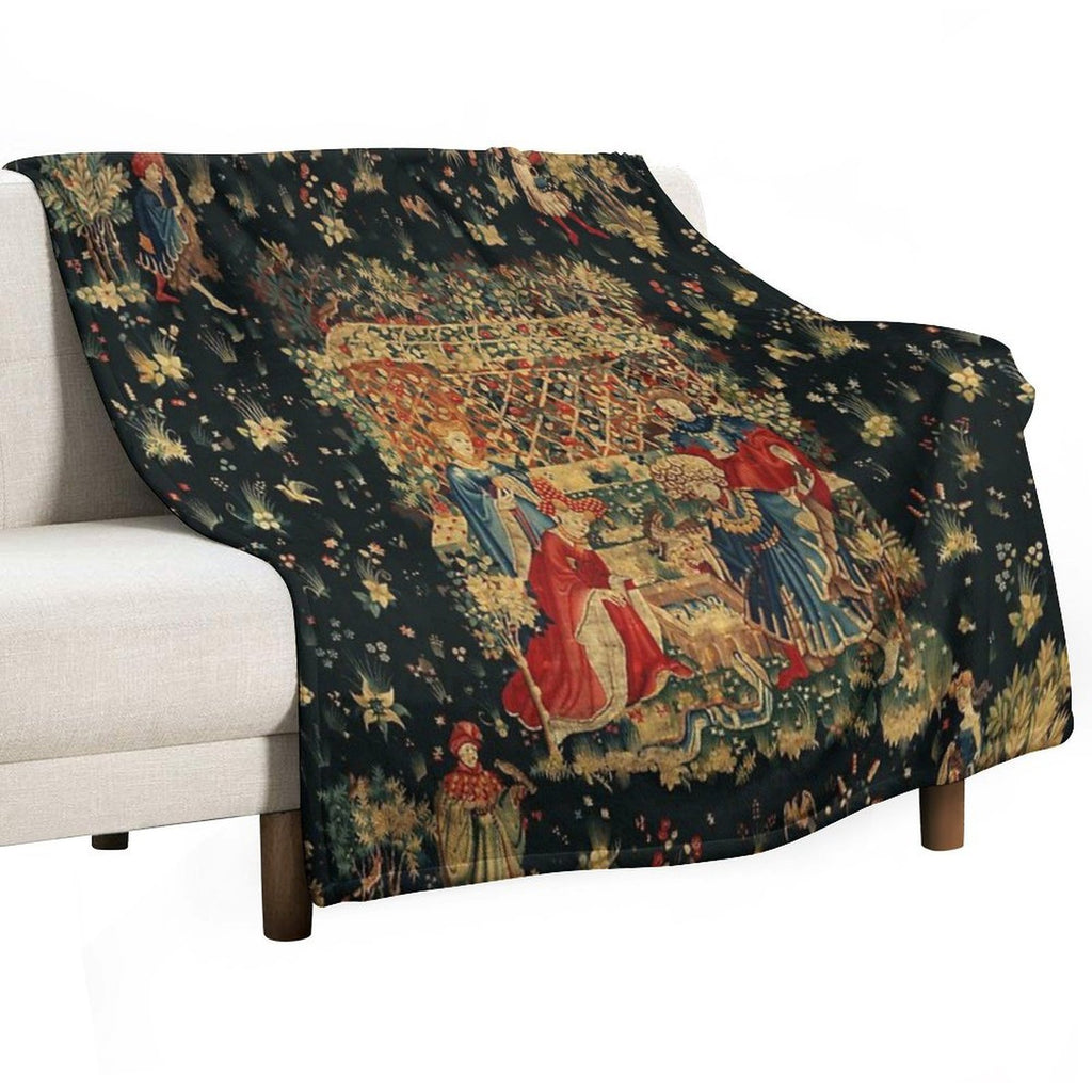 FALCONS BATH Red Blue Antique Medieval Tapestry,Court Figures,Birds, Flowers ,Rose Trellis Gift-ready Throw Blanket