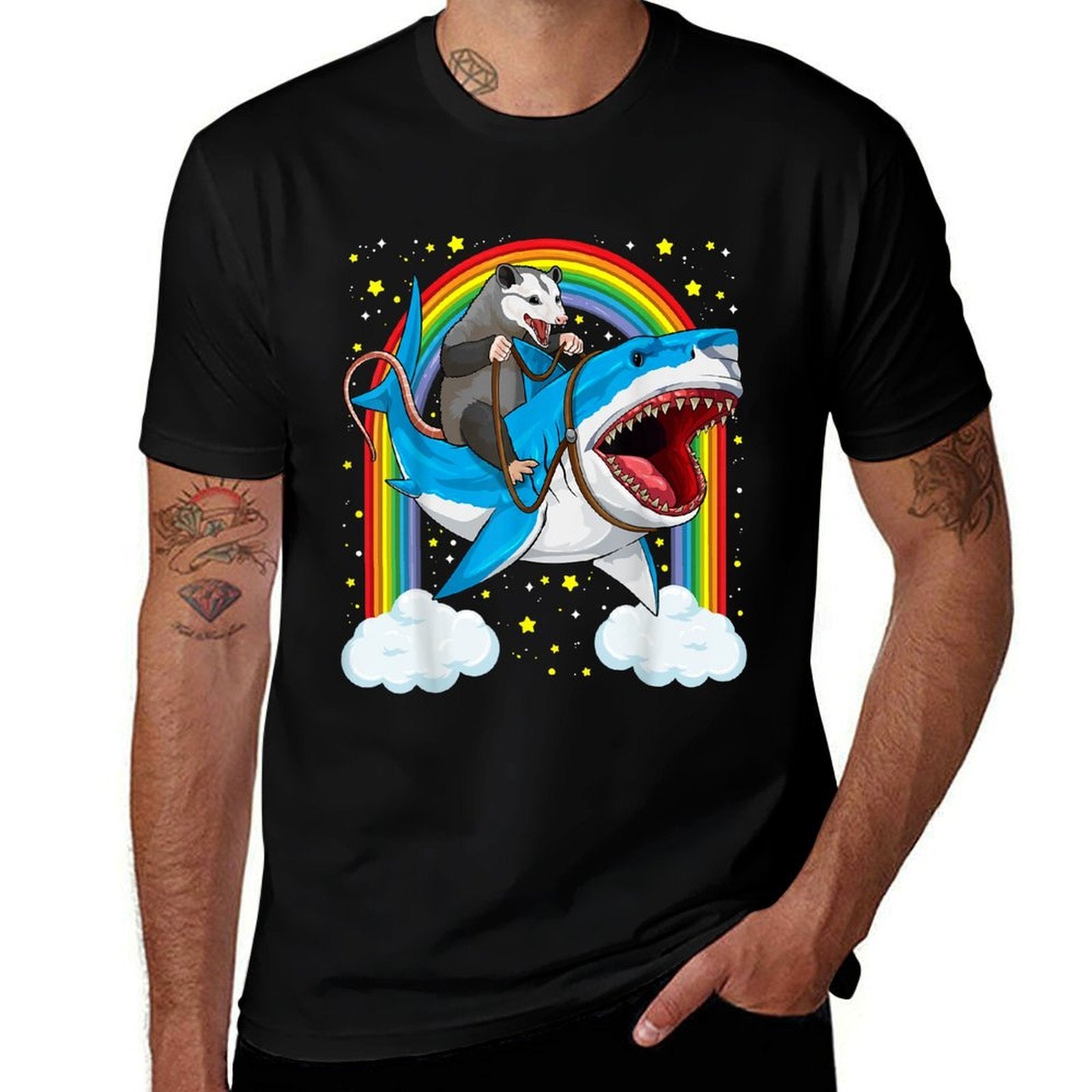 Funny Opossum Riding Shark Possum Trash Marsupial Mashup  Relaxed-fit T-Shirt