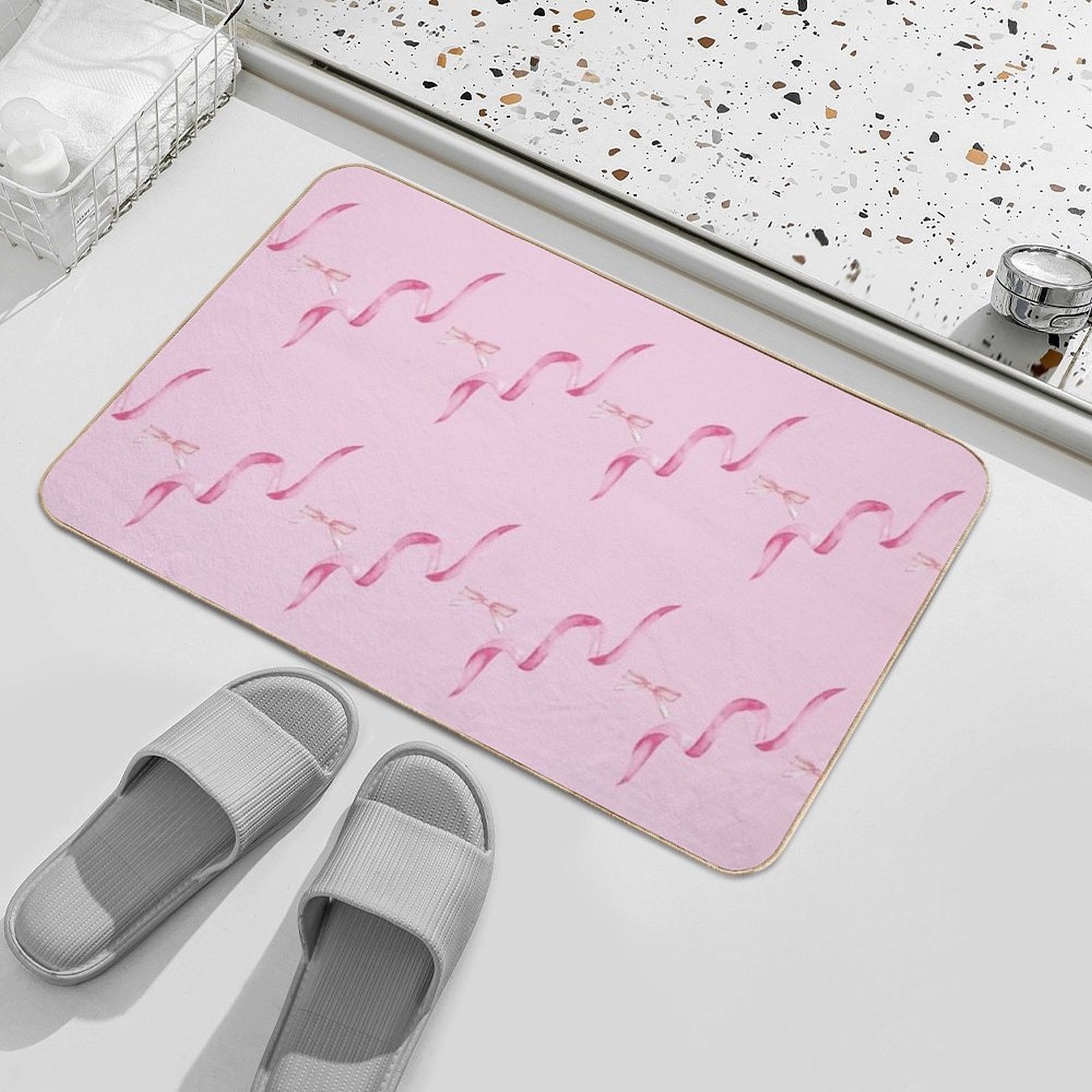 Pink Bows And Ribbons on A Pink Background  Eco-Friendly Bath Mat