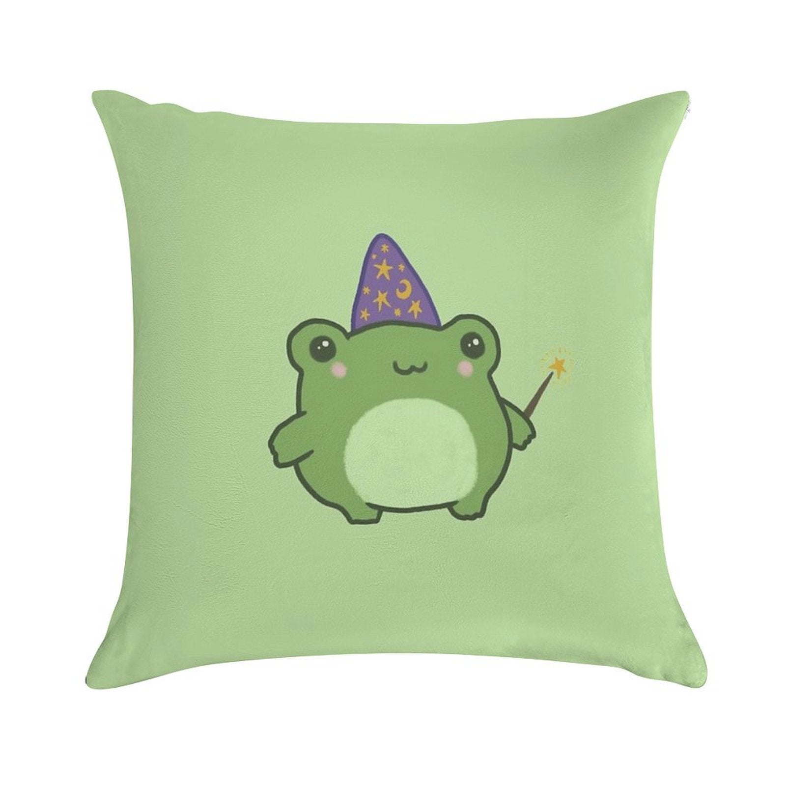 Chubby Frog Wizard Cottagecore Kawaii Toad with Magic Wand, Purple Cap, Ideal Fantasy Gift for Teens And Kids Soft Warmth Comfort Throw Pillow