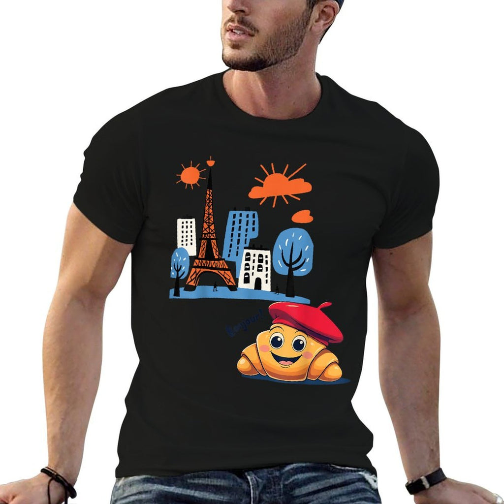 Kids Paris France Croissant with Beret Hello in French Tower  Durable T-Shirt