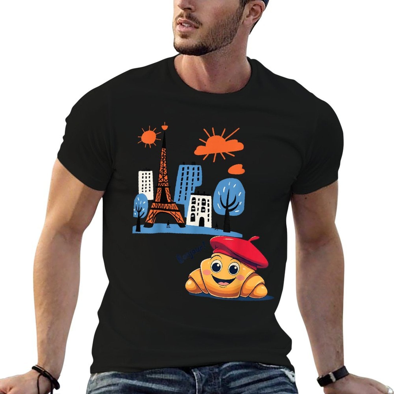 Kids Paris France Croissant with Beret Hello in French Tower  Durable T-Shirt