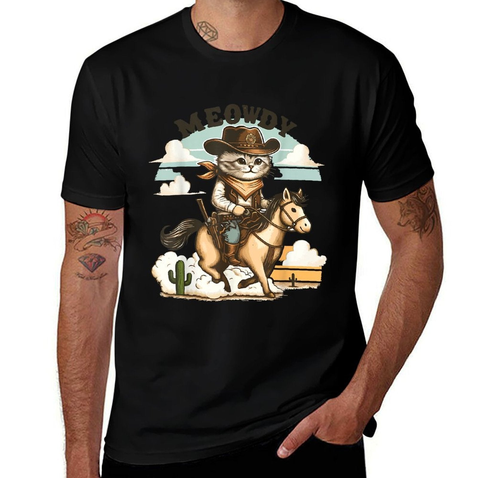 Meowdy Partner Cat Cowboy Horse Howdy Funny Country Western  Tagless Design T-Shirt