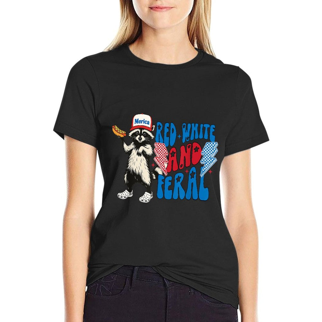 Red White And Feral Funny Raccoon 4th of July Saying Meme  Relaxed-fit T-Shirt