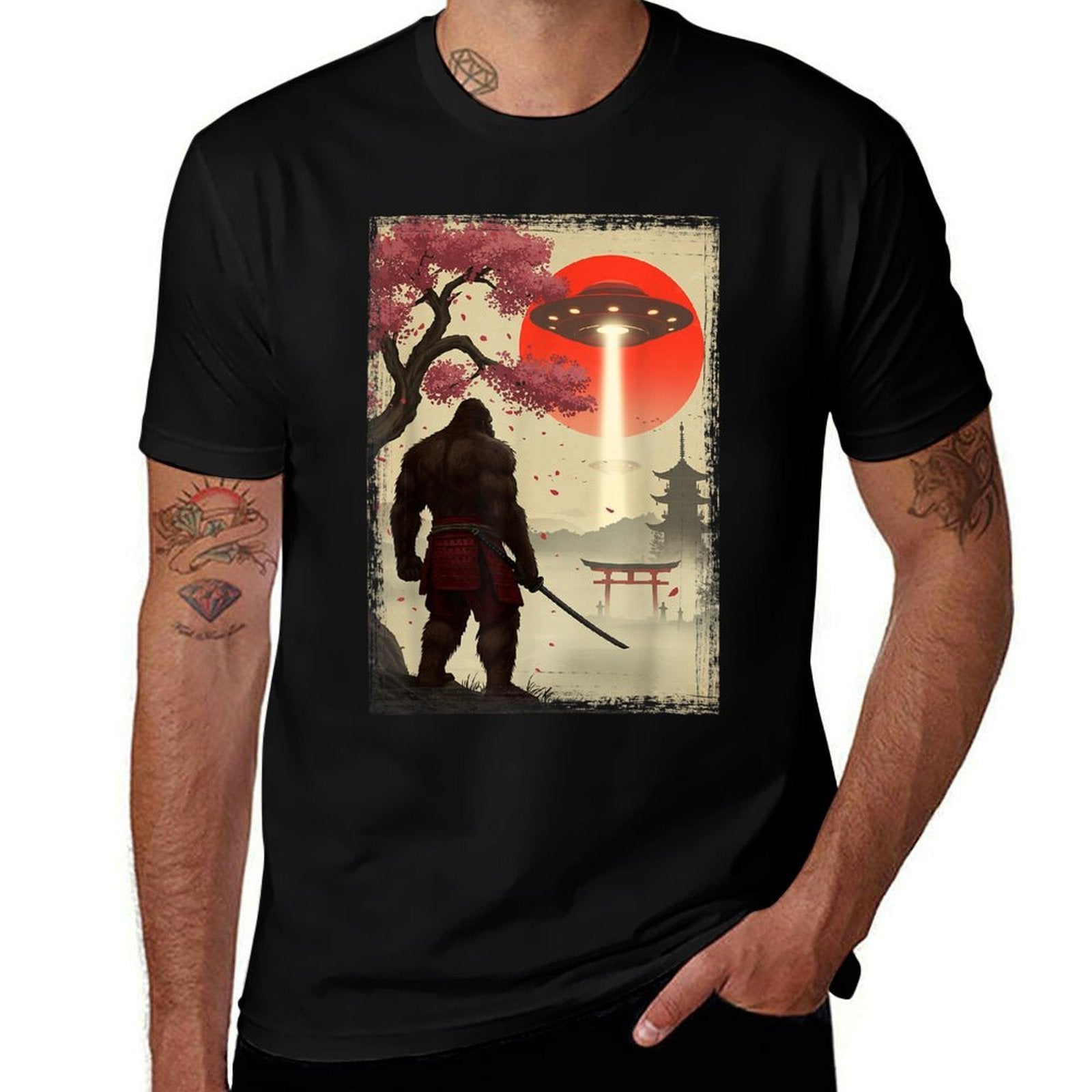 Japanese Samurai Bigfoot UFO Ukiyo-e Katana Vintage Graphic  Classic T-Shirt